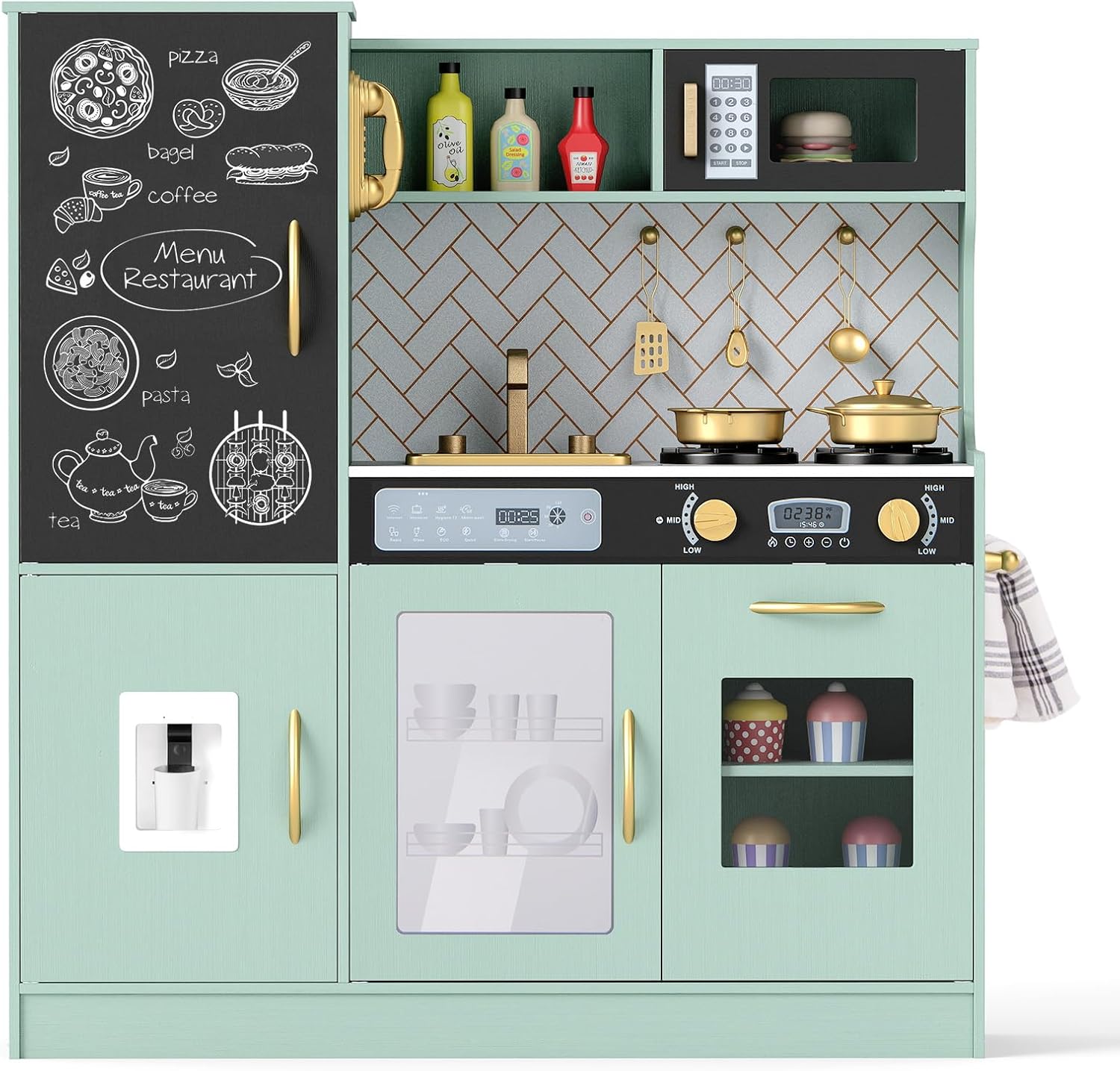 Costzon Kids Kitchen Playset, Large Wooden Chef Cooking Toy Set w/Real Sounds & Lights, Microwave, Blackboard, Oven, Ice Maker, Dishwasher, Play Phone, Utensils, Play Kitchen for Kids Ages 3+ (Green)