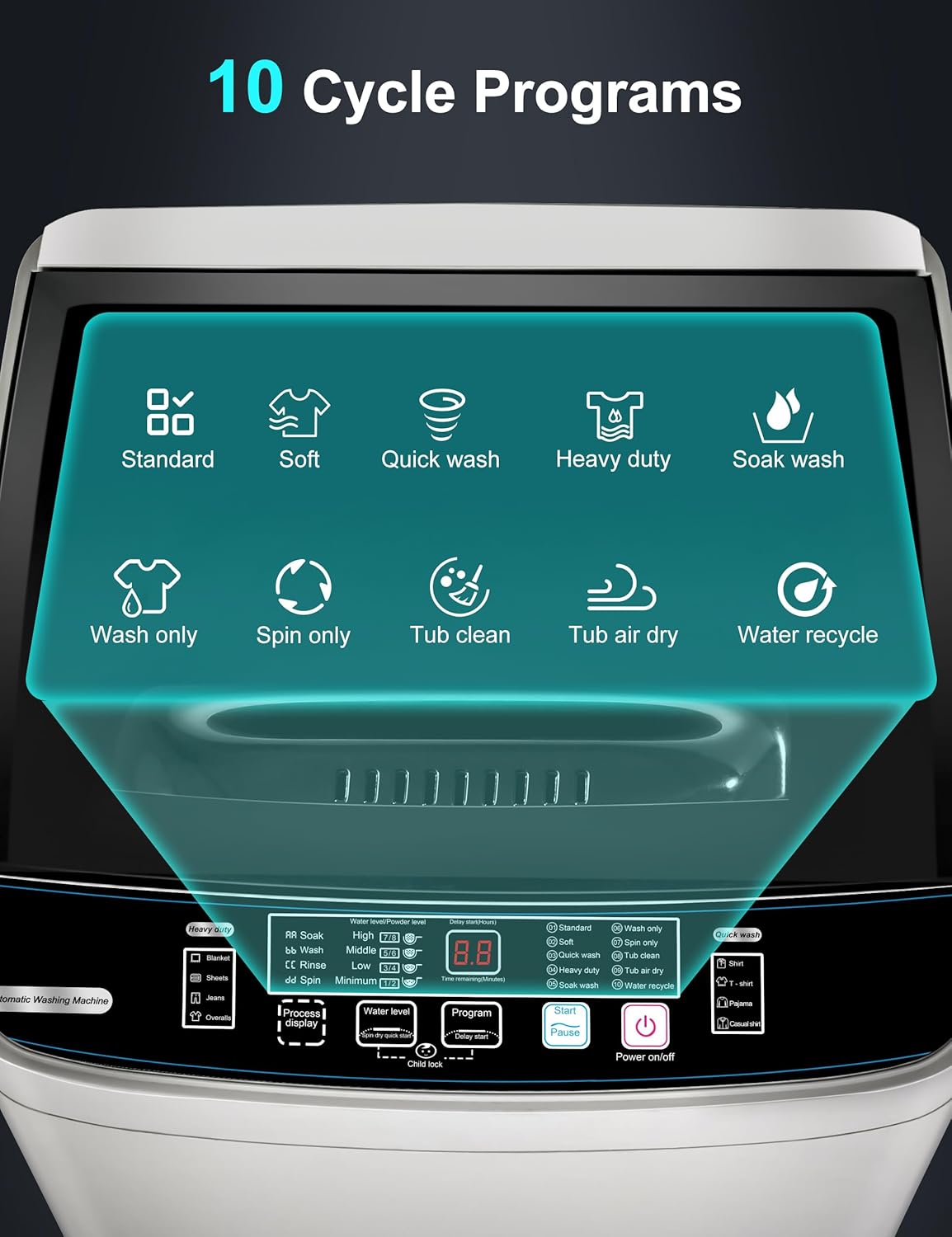 Portable Washing Machine - Compact 2.0 Cu.ft Portable Washer, Full-Automatic Top Loader for Space Saving, Ideal for Apartments, Homes, and Dorms, 10 Wash Cycles, Low Noise, IPX4 with Drain Pump