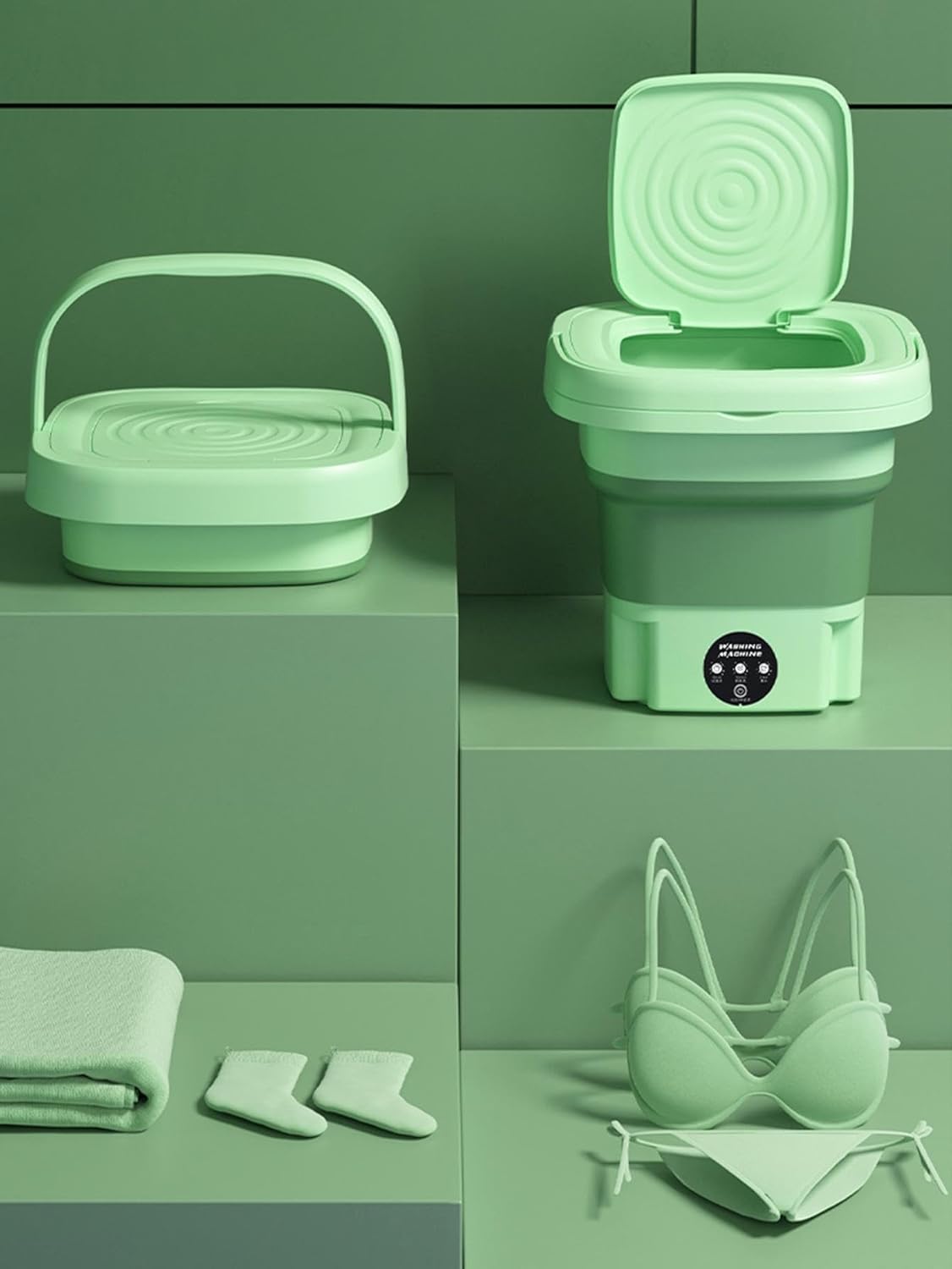 Foldable Washing Machine, 8L High Capacity Mini Washer, with 3 Modes Deep Cleaning,Half Automatic Small Washer for Baby Clothes Underwear or Small Items,RV Travel laundry(Green)