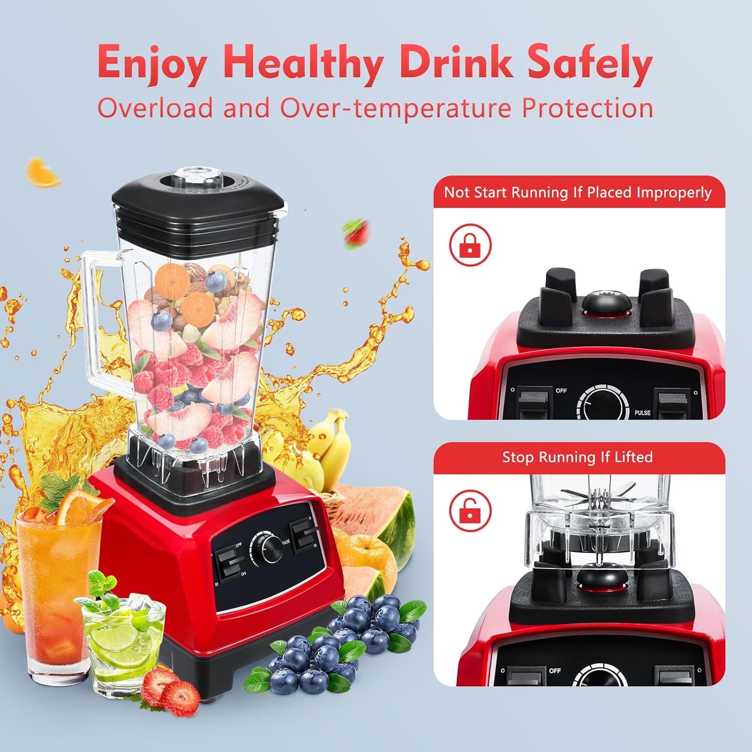 Household Grade Blender Mixer Juicer,Professional Compact Smoothie Blender with Variable Speed Control 3HP 2200W Heavy Duty Blender for Kitchen Home Use(Red)