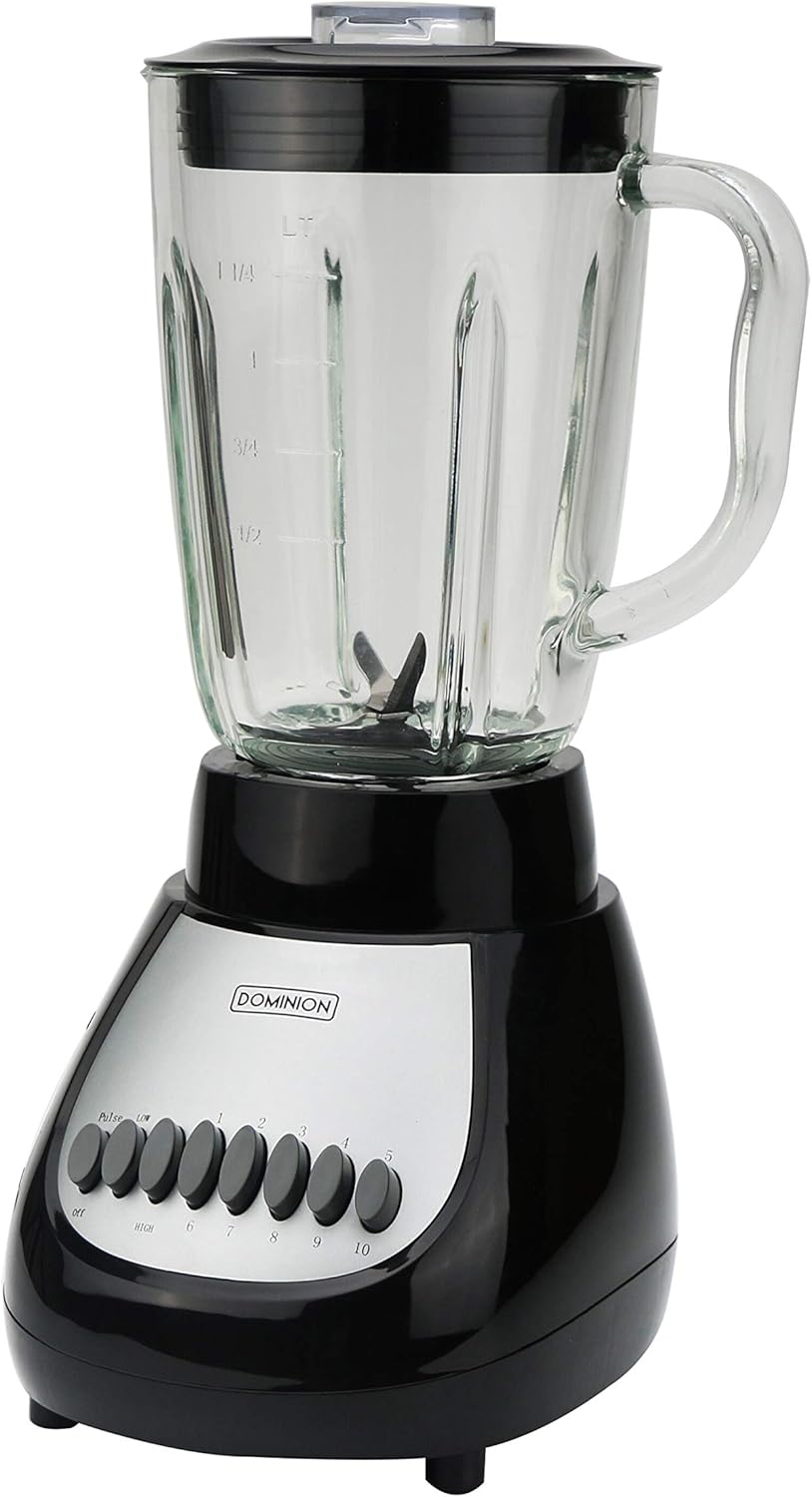 Dominion D4002BG Countertop Blender with 5-Cup Glass Jar (42oz), 10-Speed Settings with Pulse Function, Sharp Stainless Steel Blade, Black