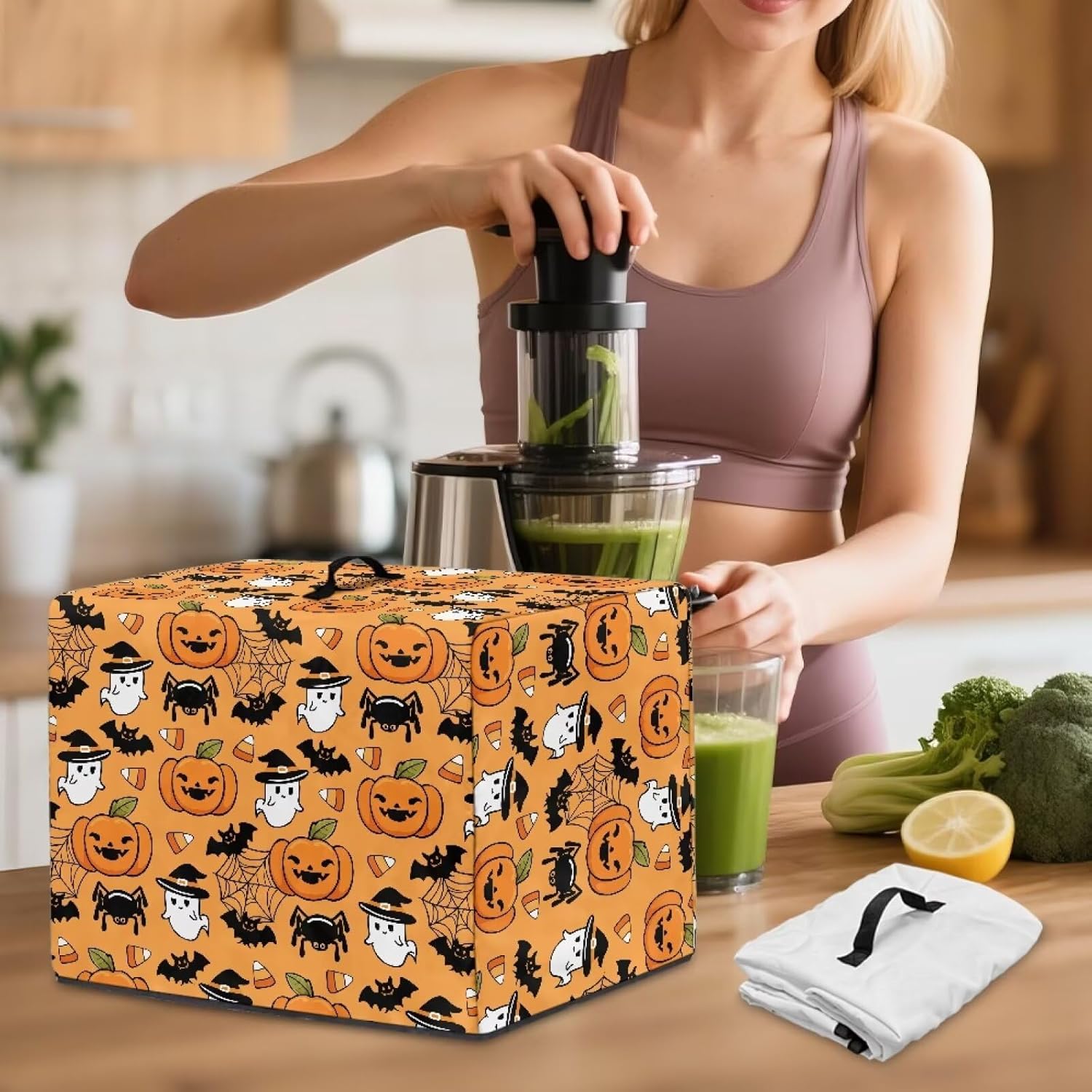 Halloween Ghost Pumpkin Foldable Juicer Cover with Top Handle Dustproof Blender Covers Home Decor Suitable for Most Juicers Households Organizer