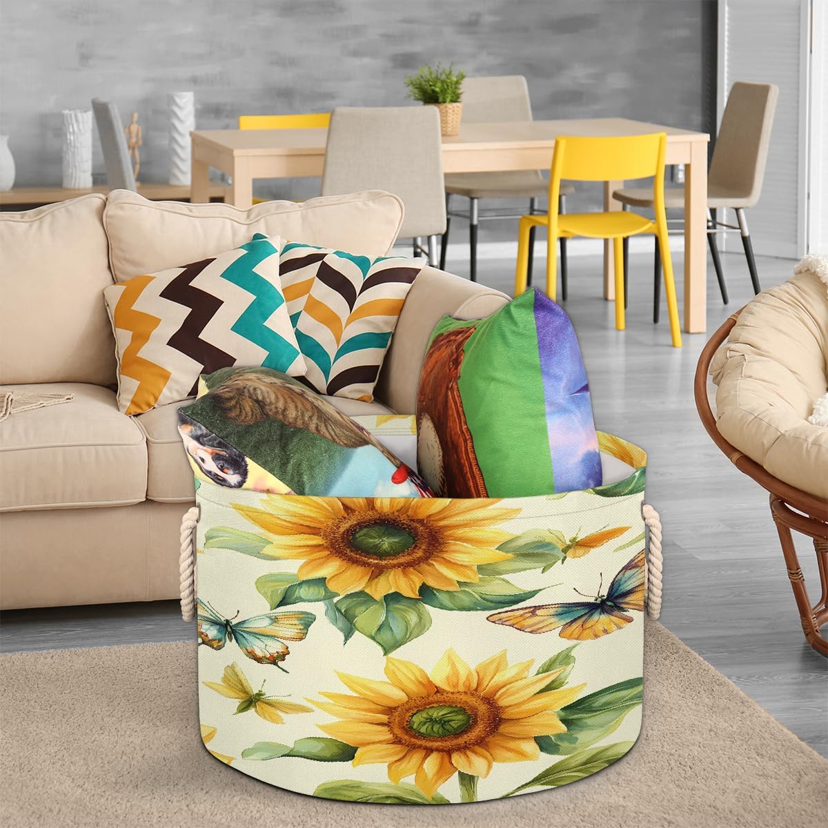 Vintage Sunflowers Butterflies Round Storage Basket Laundry Hamper Collapsible Laundry Basket with Handles Large Canvas Storage Bin for Clothes Toys Nursery Bedroom Closet Organizer