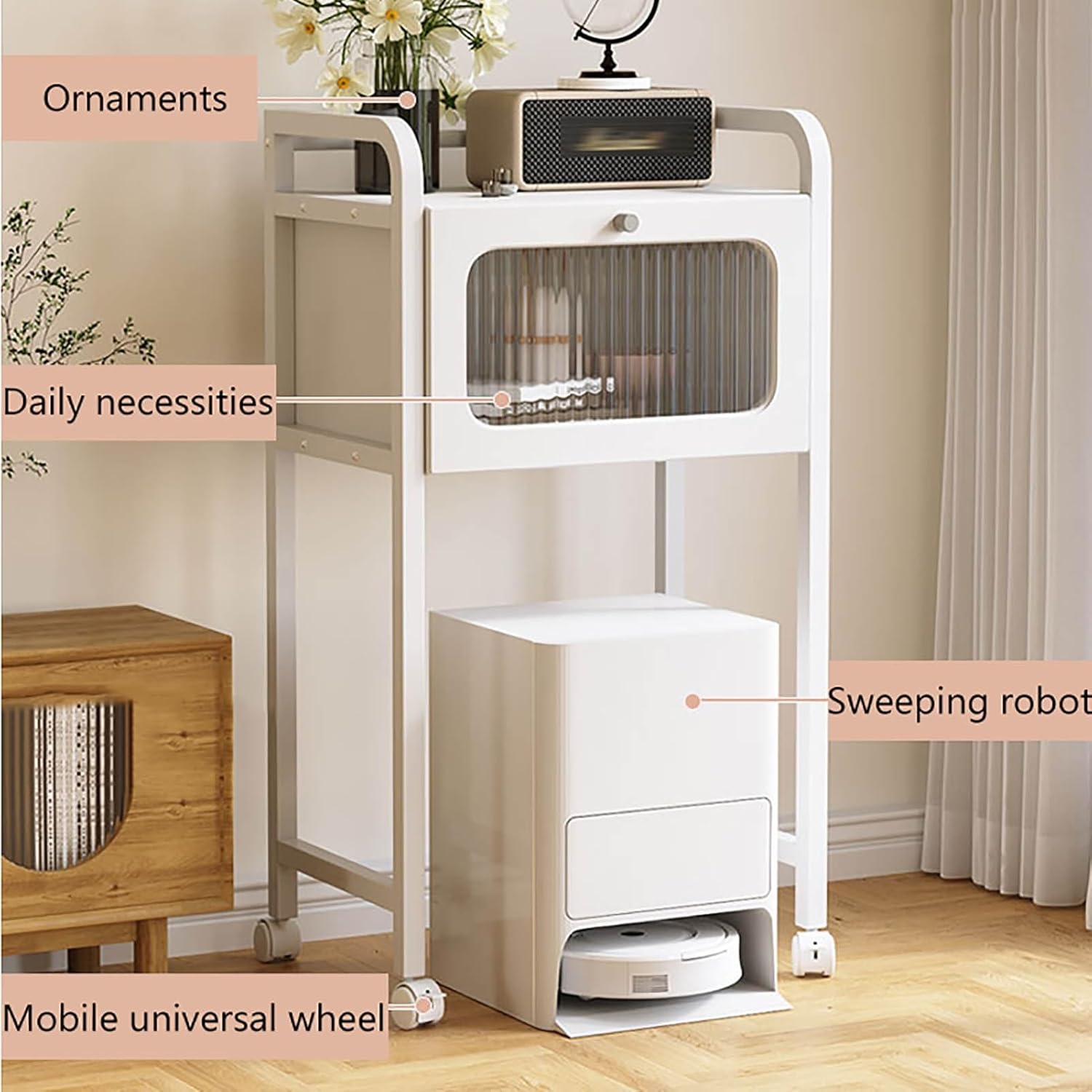 Generic Robot Vacuum Cleaner Storage Rack With Drawer, 39.7 Inch Home Storage Rack, Living Room Storage Display Rack, Mobile Fish Tank Rack(Natural,21.6x13.7x36.6in)