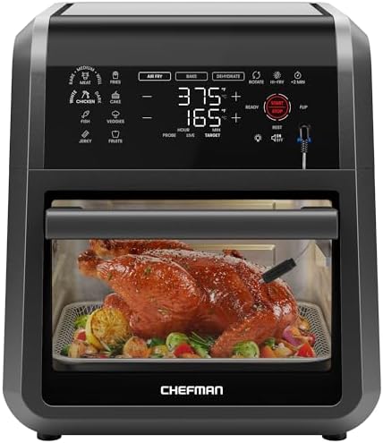 CHEFMAN ExacTemp™ 12 Quart 5-in-1 Air Fryer with Integrated Smart Cooking Thermometer, 28 Touchscreen Presets, Rotisserie, Dehydrator, Bake, XL Convection Oven with Auto Shutoff, Black