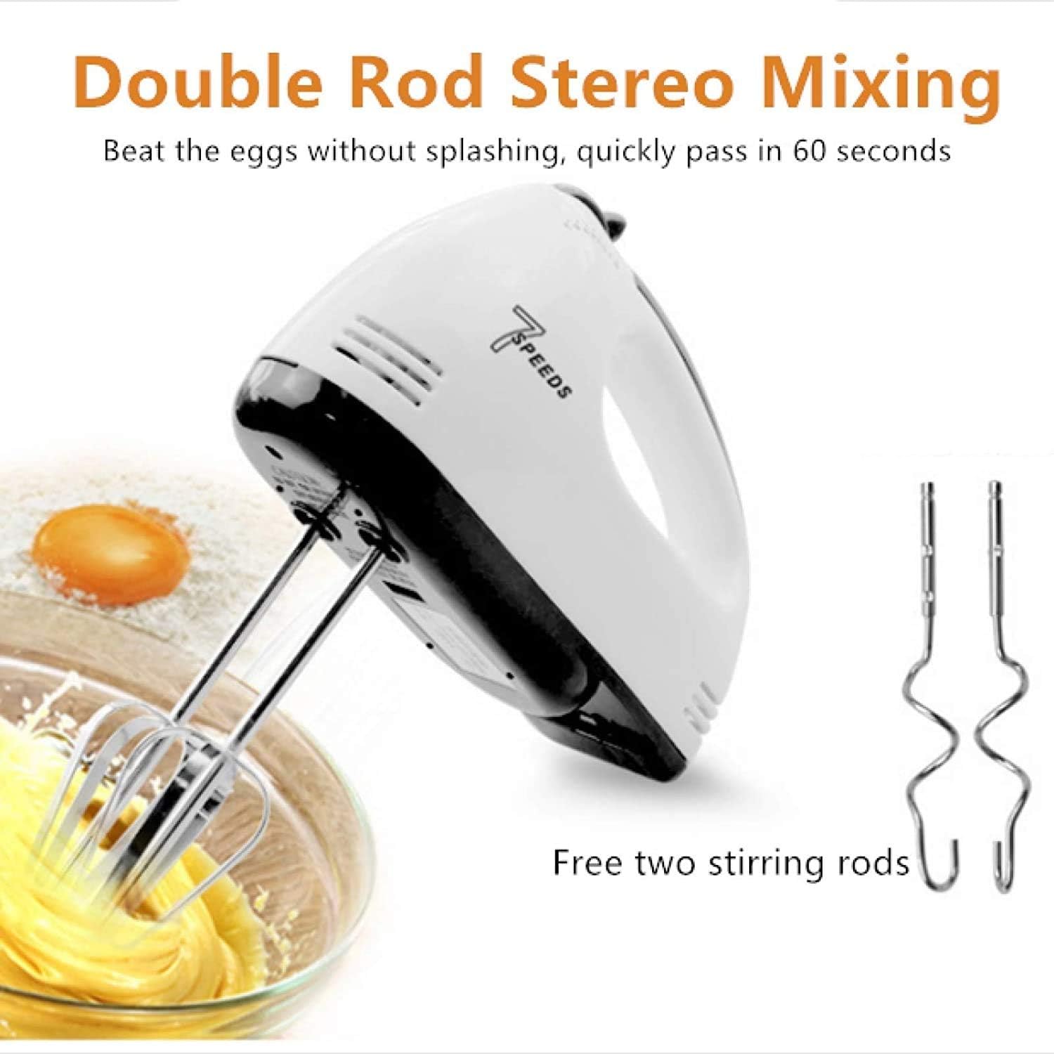 KouRy Multifunctional Electric Whisk Double Stick Configuration Seven Speed Adjustable Hand-Held Egg White Cream Mixer Small Baking Kitchen Appliances (White)