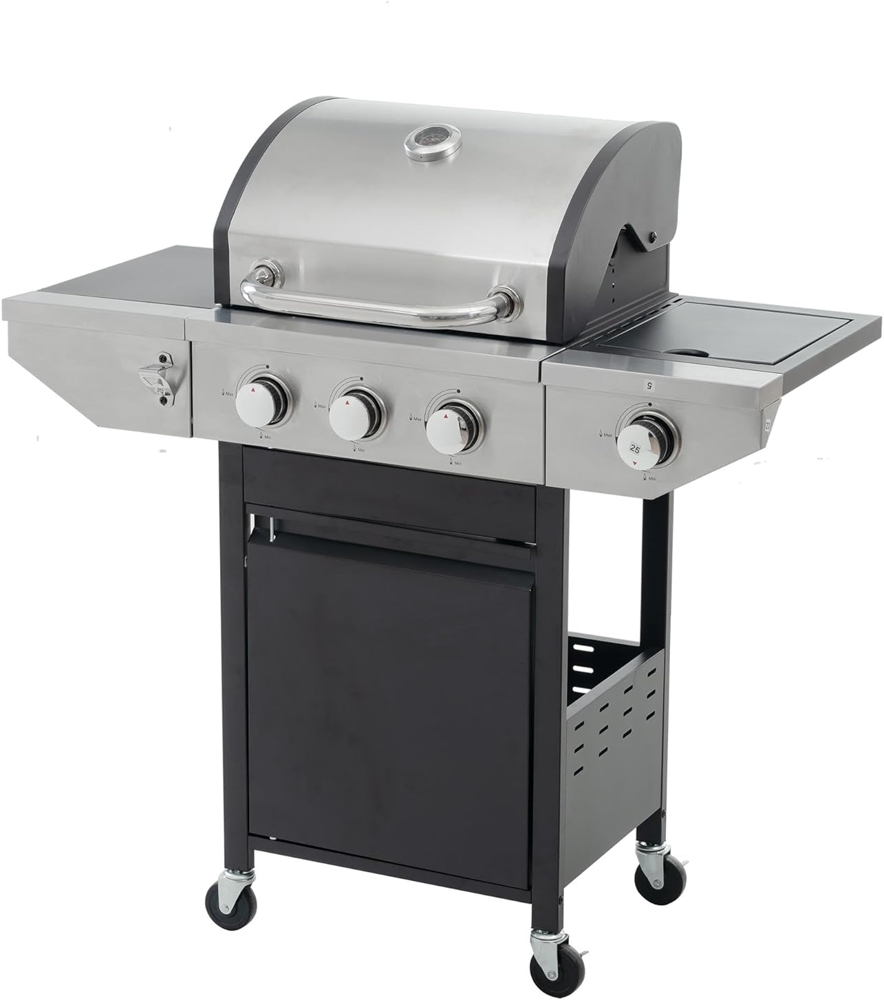 Propane Grill 3 Burner Barbecue Grill Stainless Steel Gas Grill with Side Burner and Thermometer for Outdoor BBQ, Camping