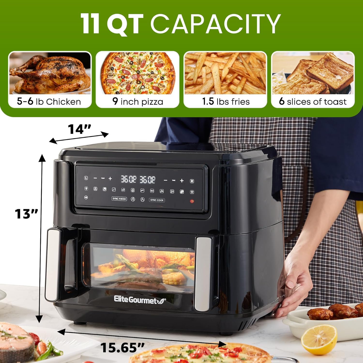Elite Gourmet Dual Zone Air Fryer Oven, 11QT Capacity with Divider, PFAS Free Nonstick, SYNC FINISH, 10 Preset Functions, Bake, Roast, Broil, Air Fry, Toast, Dehydrate, 1600W, with 25 Recipes, Black