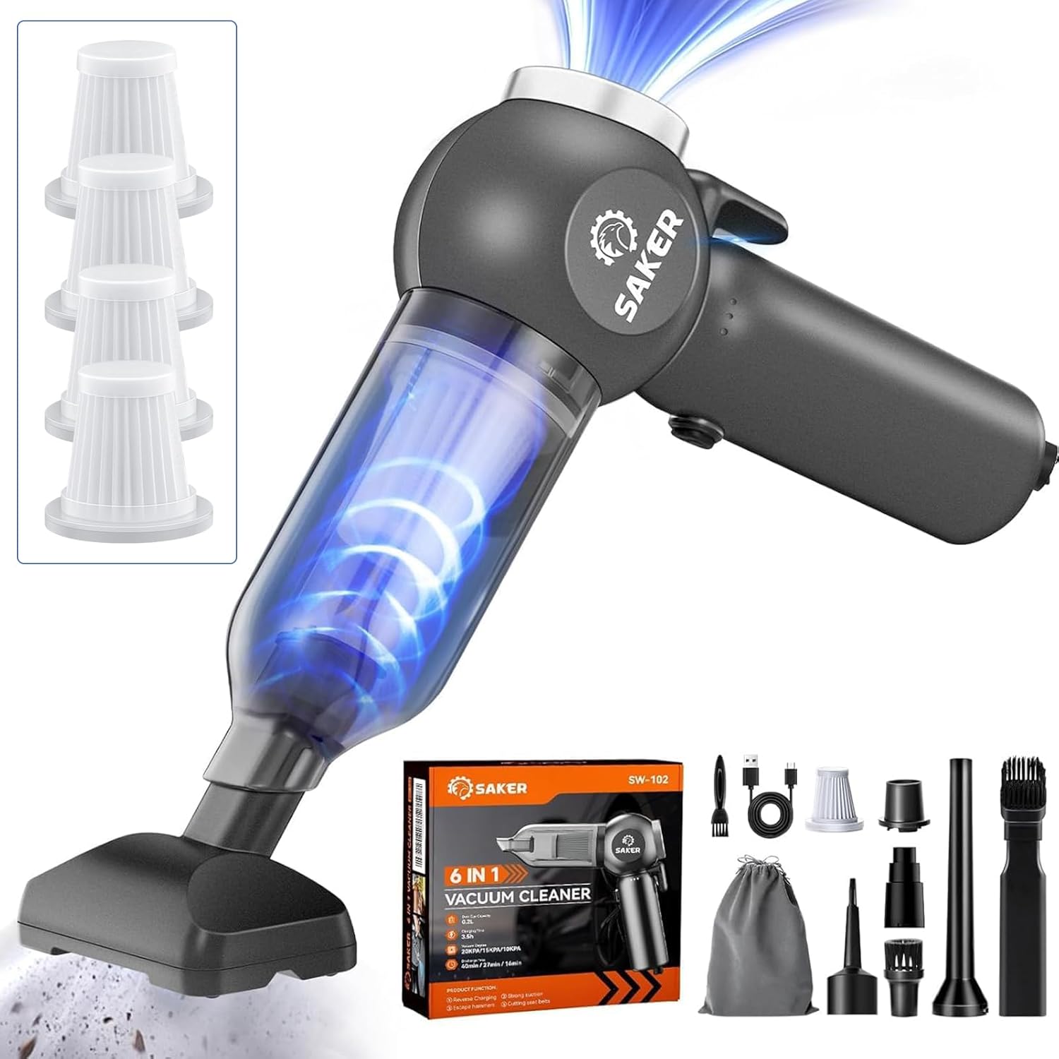 Saker Portable Car Vacuum Cordless 20000PA 6 in 1 Multifunctional Handheld Vacuum with HEPA Filter 4-Piece Set