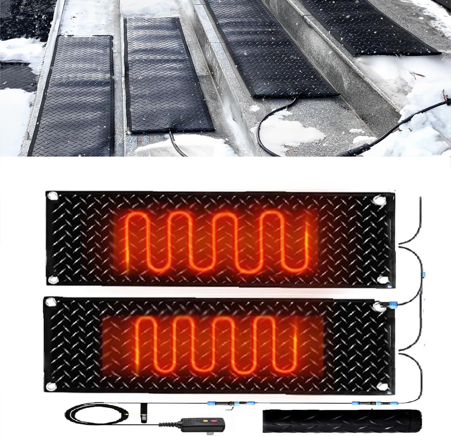 Snow Melting Mat, Heated Walkway Mat, 1/2/3/4/5 pcs Rubber Heated Mat with Power Cord, Outdoor No Slip Heated Door Mat, No More Shoveling, Salting and Slipping, for(2 Pcs-10inx35.4in (25.4x90cm))