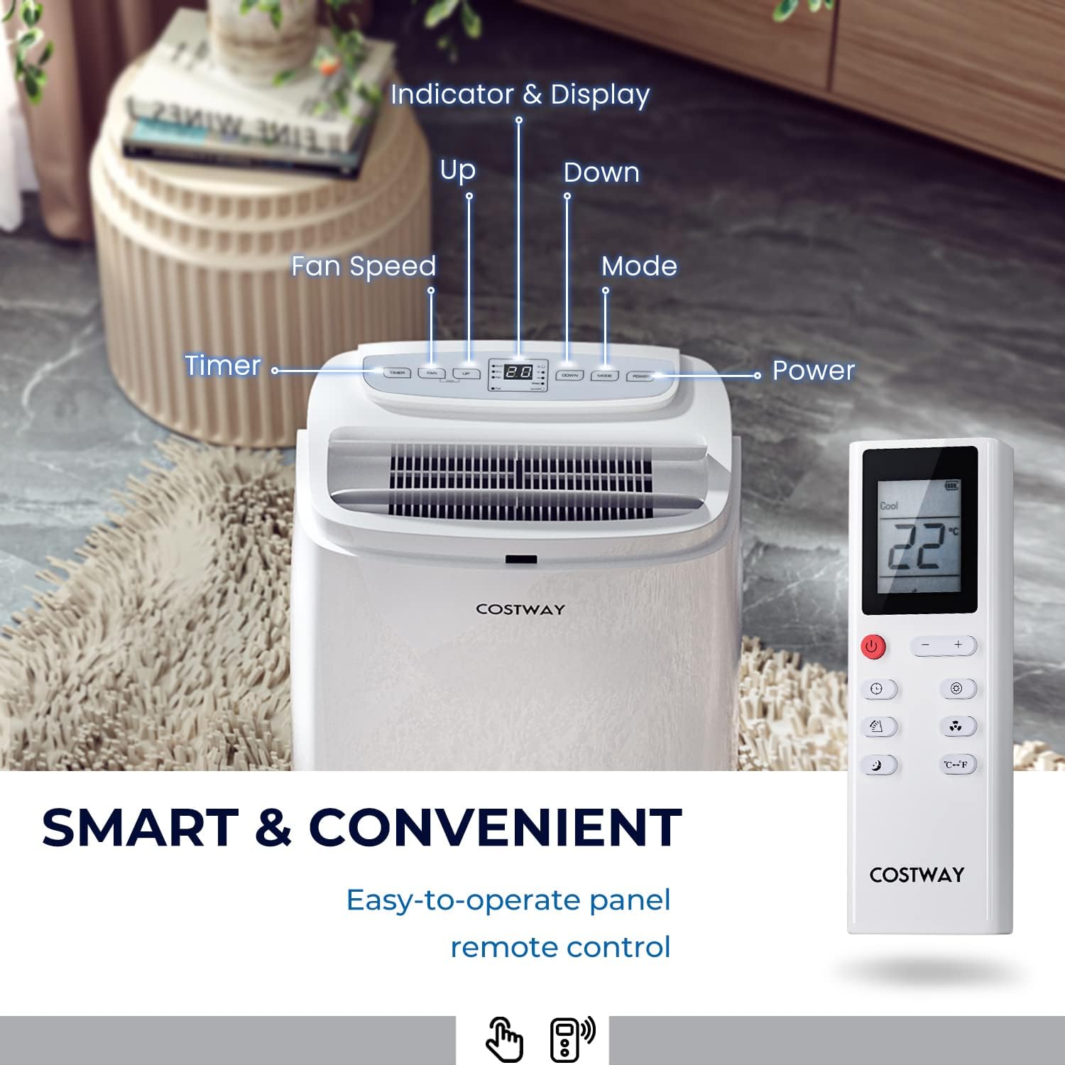 COSTWAY Portable Air Conditioner 9000 BTU, 3 in 1 Air Cooler with Fan & Dehumidifier, Quiet AC Unit Cools Rooms up to 350 sq.ft, Sleep Mode, 3 Fan Speeds, 24H Timer, Digital Display & Remote Control (9000BTU)