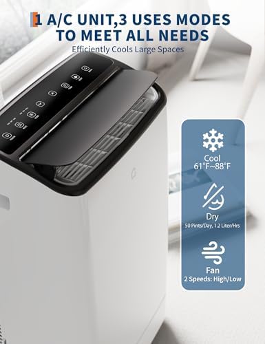 Portable Air Conditioner, 14000 BTU 3-In-1 A/C, Dehumidifier & Fan, Quiet 52 DB, 24H Timer, Window Kit Included, Ideal for 500-700 Sq.Ft Rooms