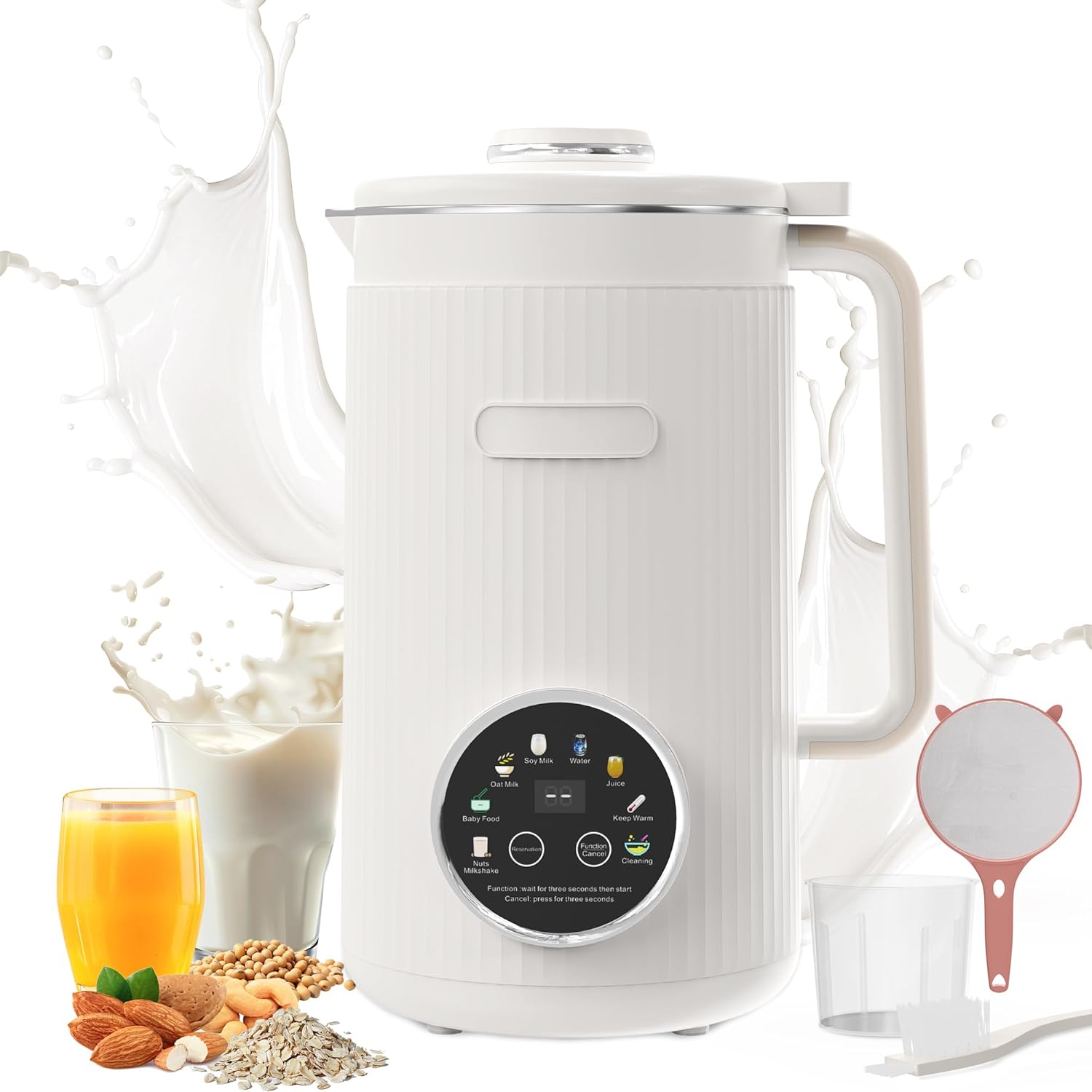 Nut Milk Maker Machine - 8 in 1 Soy Milk Maker Machine 35oz with Self-Cleaning, 18H Delay Start & 4H Keep Warm, Automatic Plant-Based Milk Blender for Almond, Oat, Coconut, Soybean - White