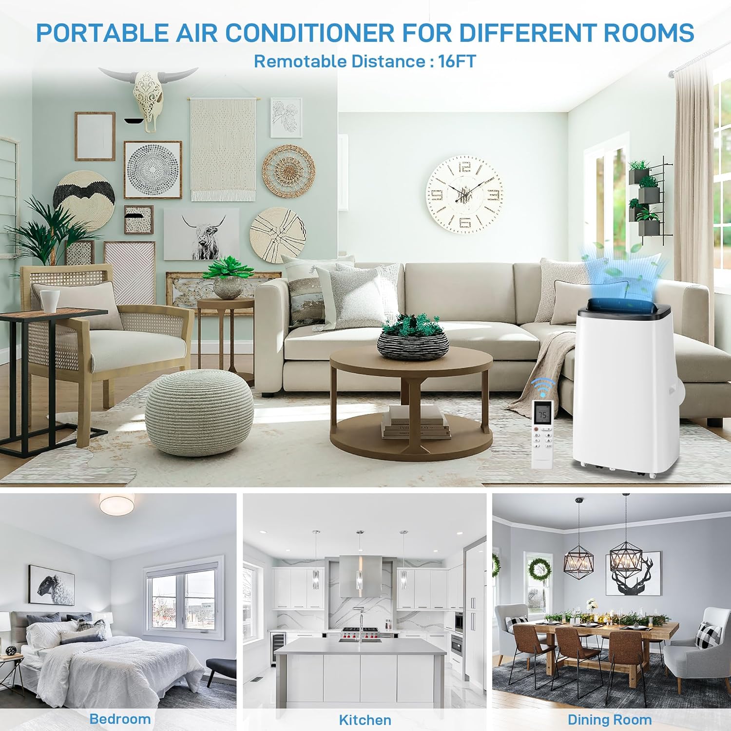 Portable Air Conditioner 14,000 BTU - AC Unit Cools Rooms Up to 750 Sq. Ft, Includes Window Kit & Remote, Energy Efficient Cooling for Home & Bedroom, Dark Grey Top