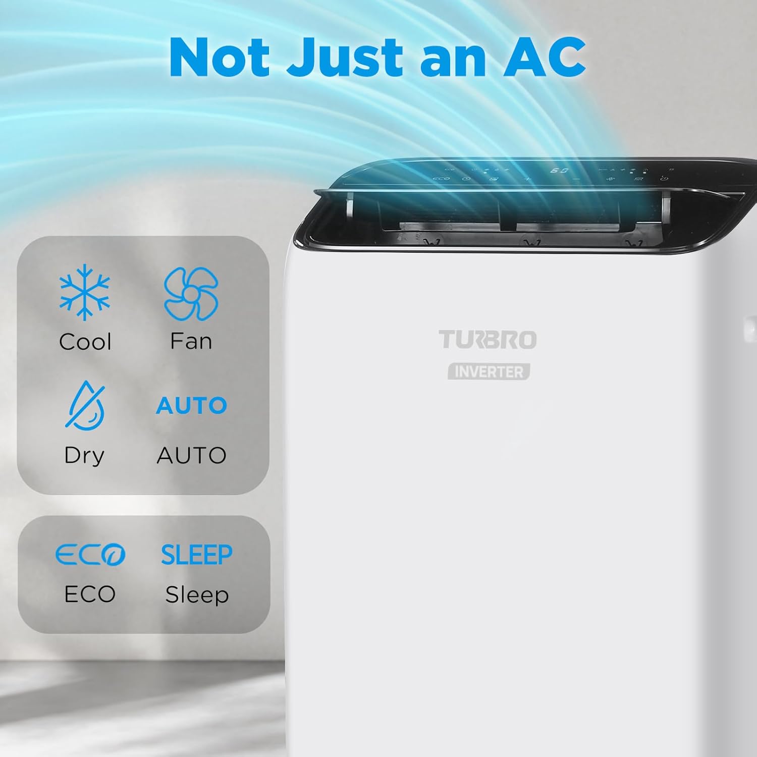 TURBRO Greenland 14,000 BTU Inverter Portable Air Conditioner, High Efficiency, Quiet Operation, Cools Up to 600 Sq. Ft., Dehumidifier & Fan, with Remote, WiFi, and Alexa/Google Assistant