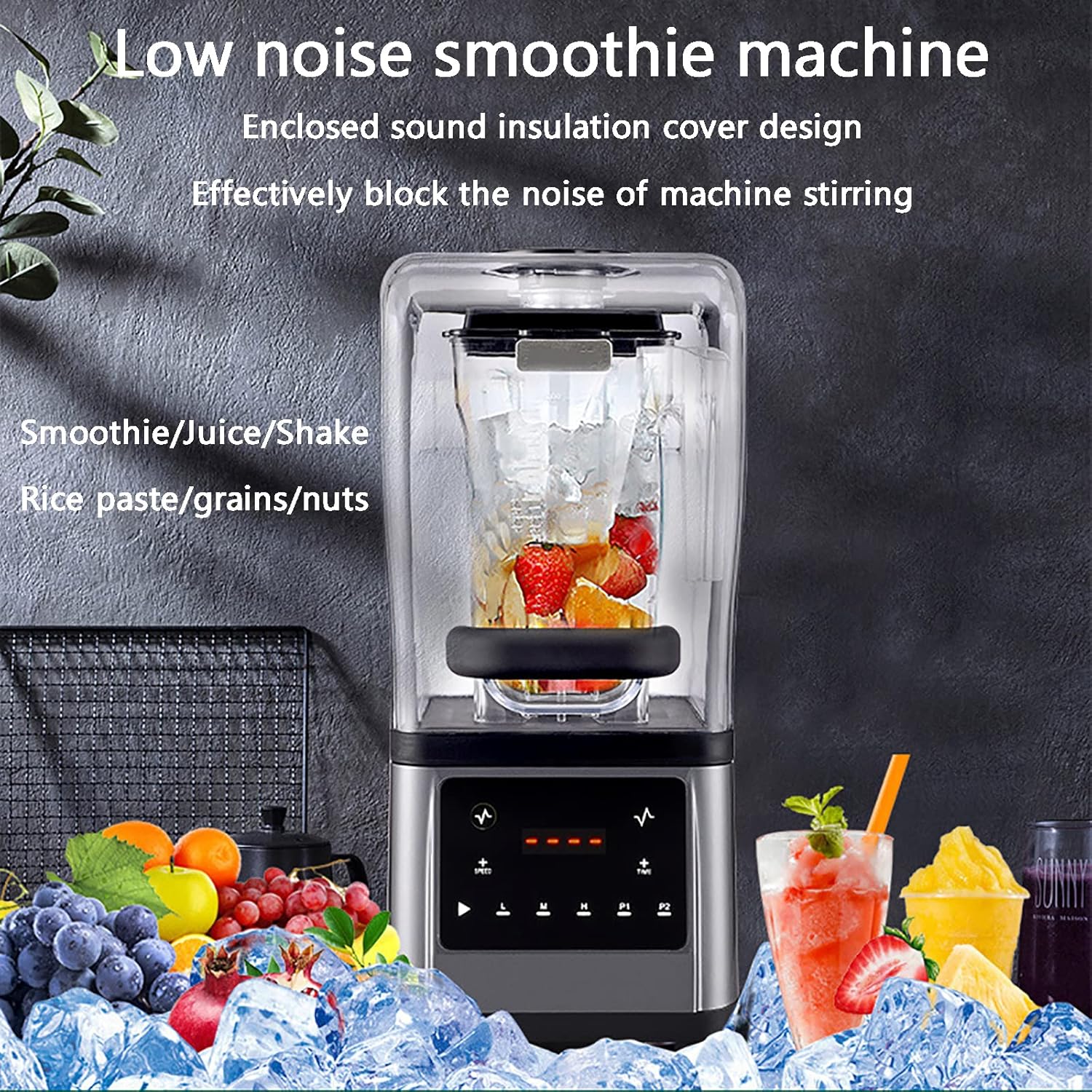 Blender Smoothie Machine, Smoothie Blender, Food Grade Ice Crusher Slush Machine with 1.6L Hopper, Cover Silent Broken Wall Cooking Machine, for Commercial Home