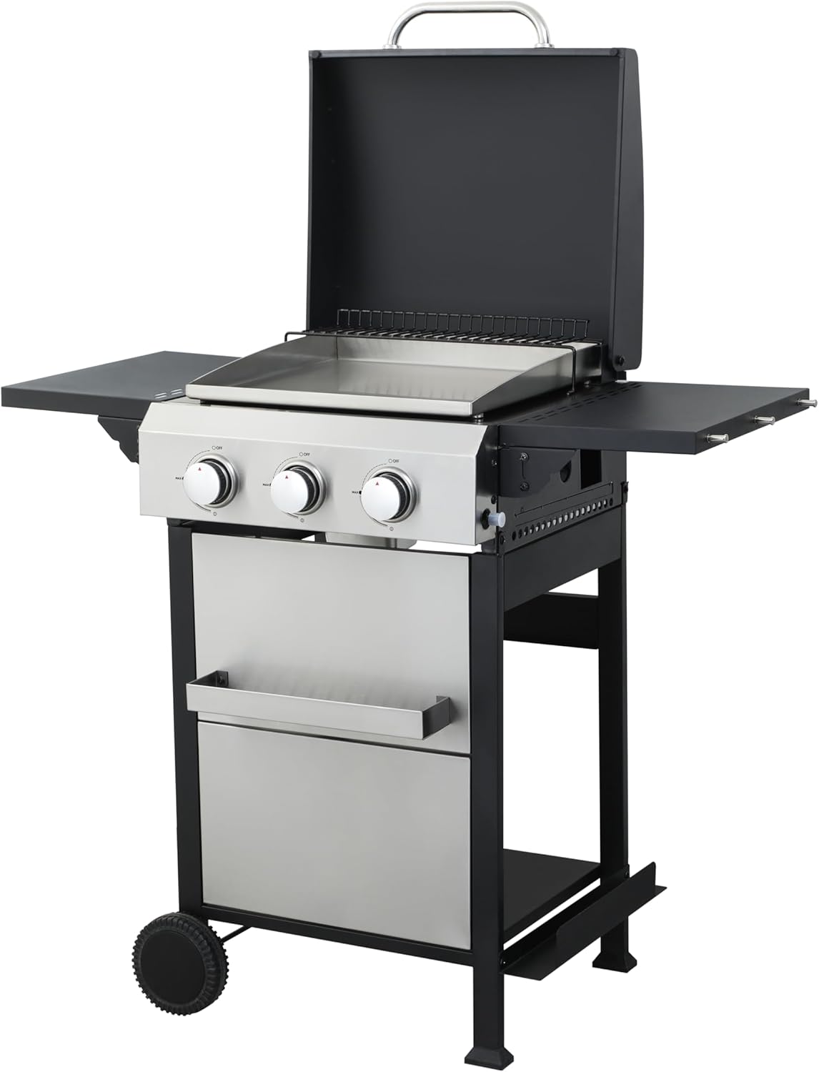 3-Burner Propane Gas Grill with Stainless Steel Grill Pan, 36,900 BTU Output Stainless Steel Grill with Foldable Side Table,Cabinet Style Barbecue Grill for Outdoor Cooking, Patio, Garden BBQ