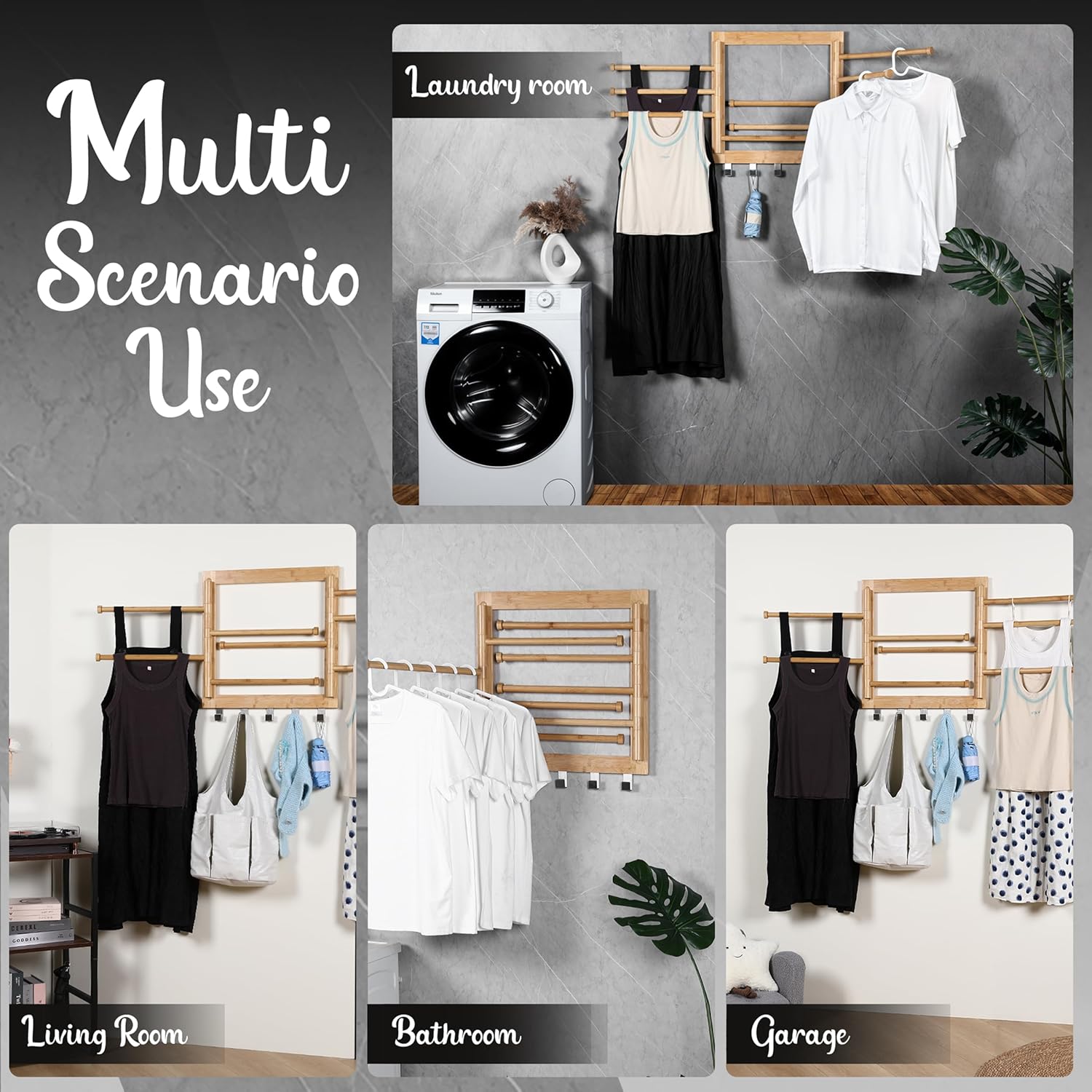 Wall Mounted Drying Rack - Clothes Drying Rack Wall Mounted for Laundry - 20 INCH - with 5 Hooks and 8 arms - 80 lbs Capacity - Natural Bamboo