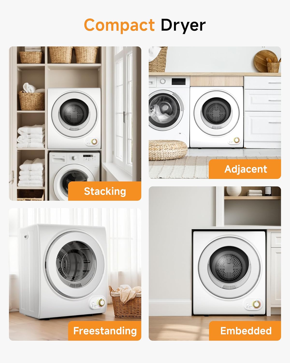 10 LBS Portable Dryer, 1.5 Cu.Ft. Portable Clothes Dryer with Knob Control, Stainless Steel Drum, Exhaust Pipe, 850W Drying Machine for Apartment, Dorm, Home, White