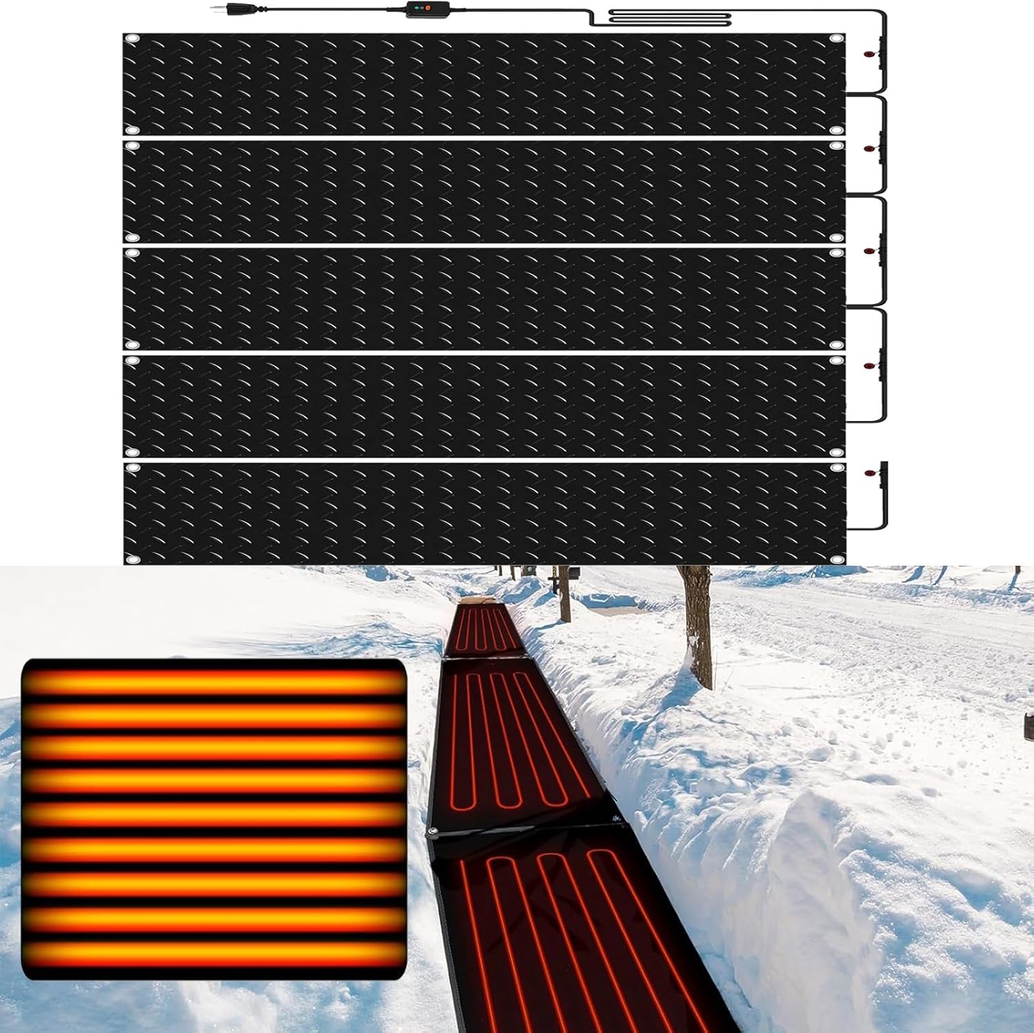 Heated Snow Melting Mats, 1/2/3/4/5Pcs Heated Sidewalk Mats for Ice and Snow, Heated Outdoor Mats, Non Slip Rubber Heating Entrance with Plug Power Cord for Roof Walkway Winter(5 Pcs,10IN x 48IN)