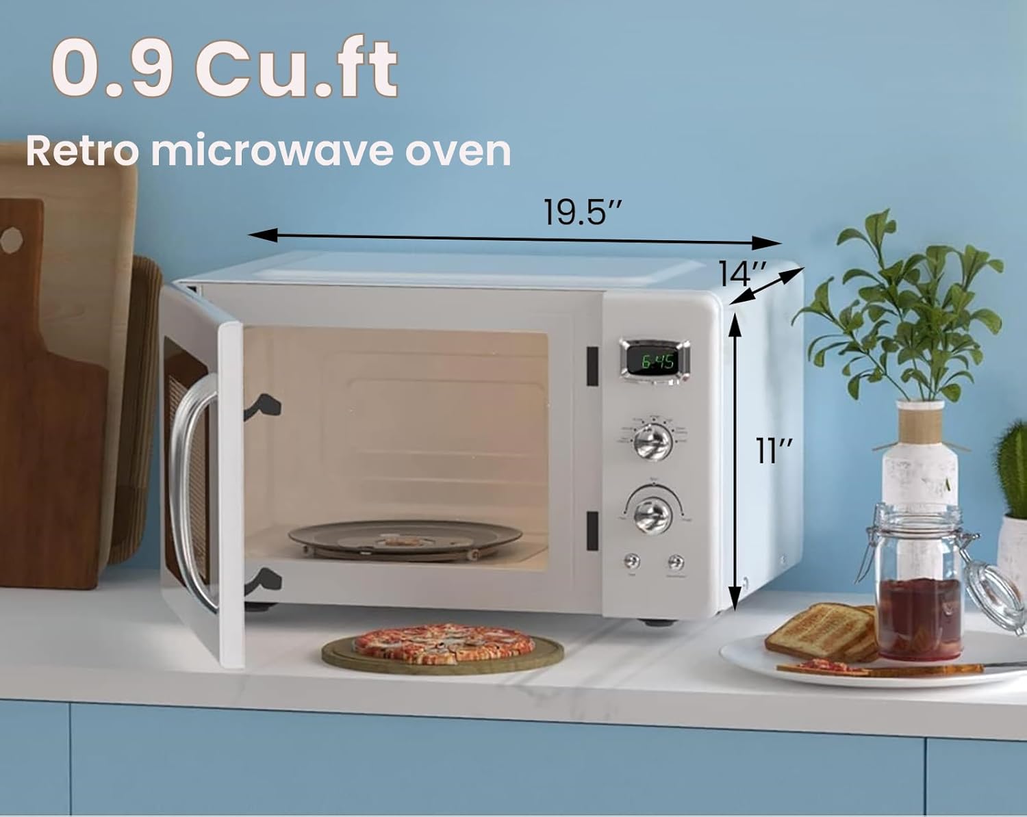 Retro Countertop Microwave Oven, SIMOE Compact Microwave Oven 0.9 cu.ft. W/Child Lock, 5 Micro Power, Defrost & 8 Auto-cooking, LED Display, Easy Clean Interior, White, 900 W