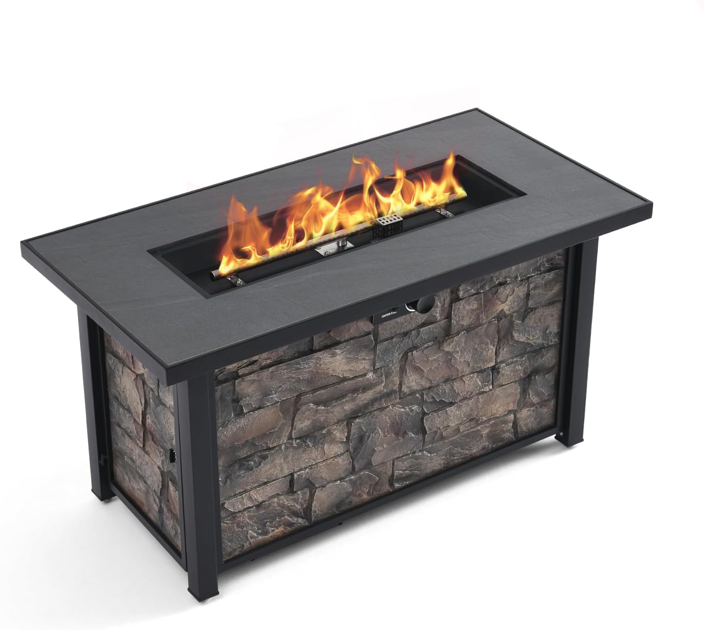 48'' Rectangular Outdoor Propane Fire Pit Table, 50000 BTU Patio Heater with Stone-Look Panel, Ceramic Tabletop & Aluminum-Coated Steel Tube Legs, Lava Rocks, Metal Lid and Rain Cover