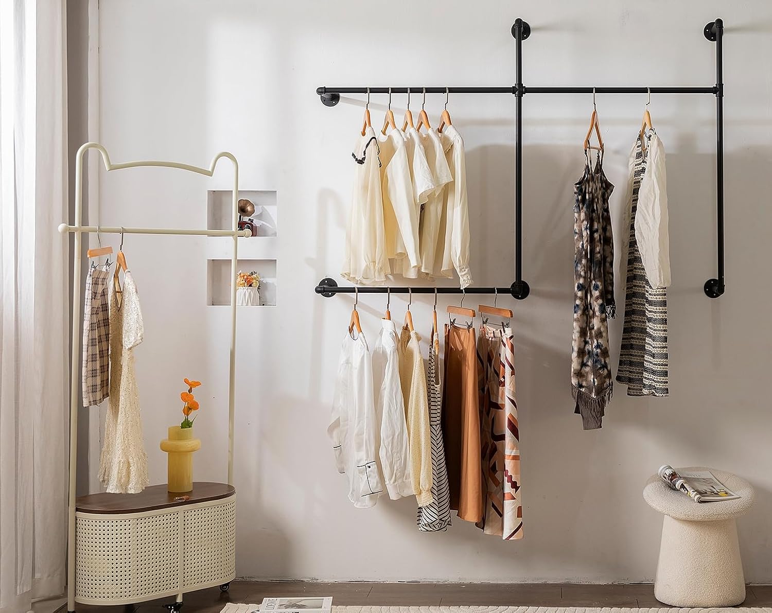 Industrial Pipe Clothing Rack Heavy Duty Wall Mounted Clothes Rack,Pipe Garment Rack Rail,Indoor Detachable Multi-Purpose Clothing Hanging Rod/Garment Bar, Black (3 hanging rods wall garment rack)