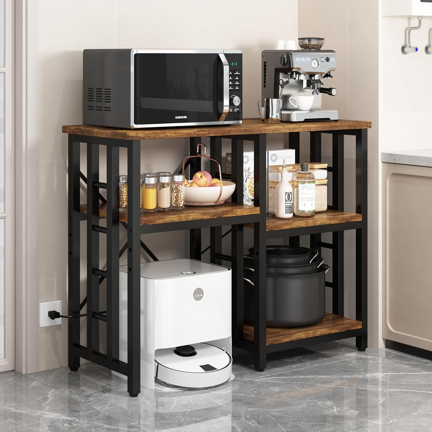 4-Tier Kitchen Baker's Rack with Power Outlet, Mini Fridge & Microwave Oven Stand Table, 5 Tiers Coffee Bar Table, 20-29-37 Gallon Fish Tank Stand, Kitchen Organizer Shelf for Spices, Pots and Pans.