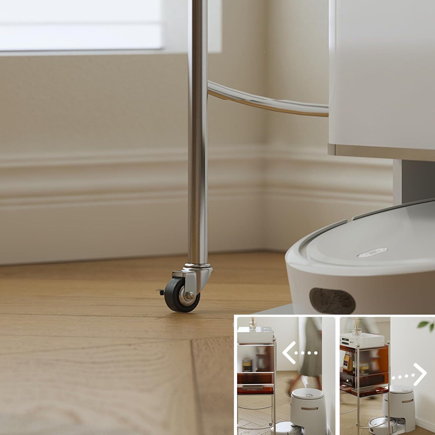 JSWHYBD Acrylic Robot Vacuum Cabinet with Wheels, Minimalist Storage Cabinet for Vacuum Cleaner, Multipurpose Side Table for Living Room, Dining Room & Kitchen, 20