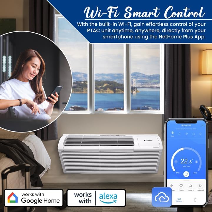 Klimaire PTAC 12,000 BTU Air Conditioner Heat Pump R-32 with Remote Control & 3.5 kW Electric Heater -230V
