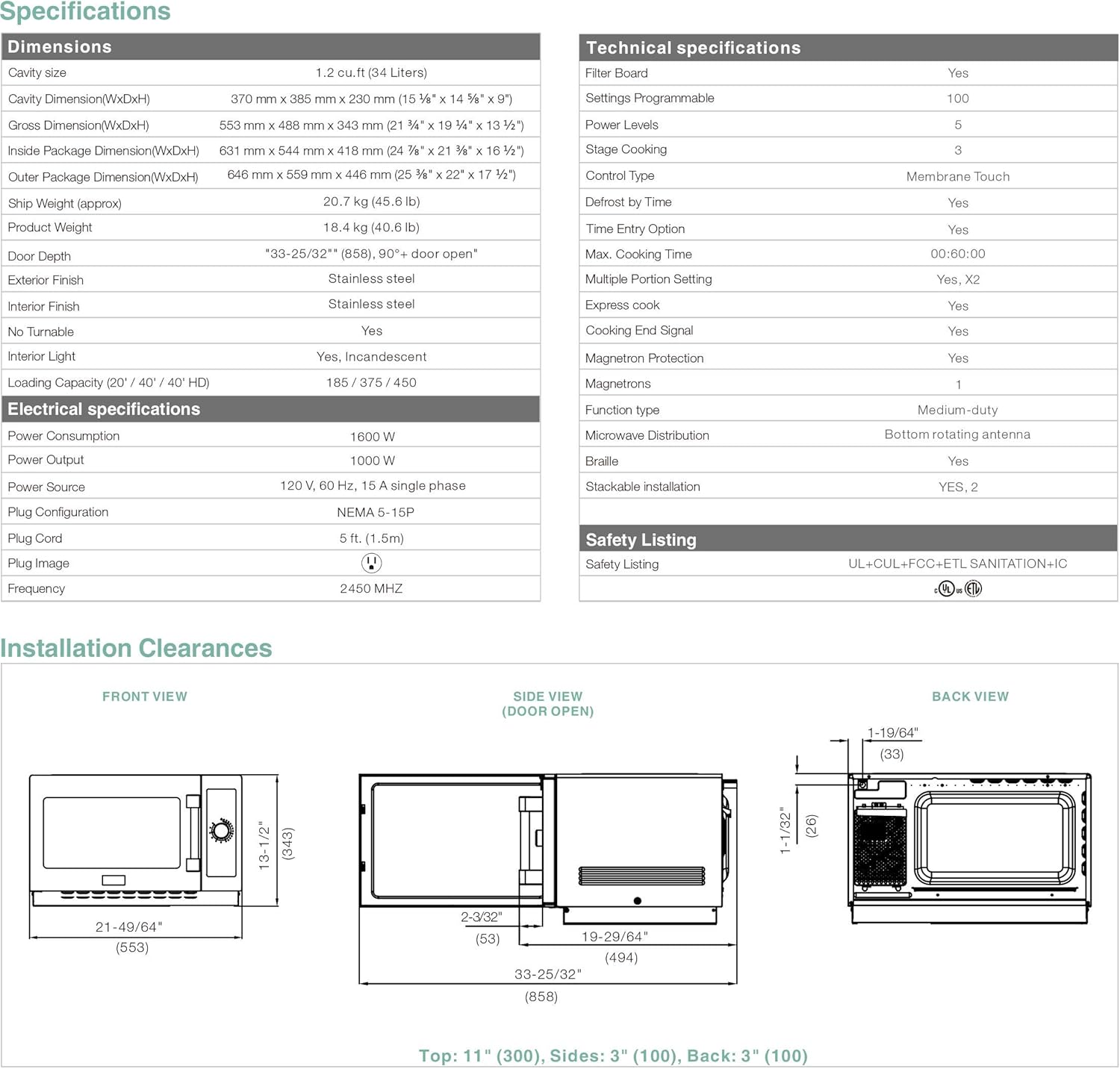 Midea Equipment 1034N1A Countertop Commercial Microwave Oven with Touch Control, 1000W, Stainless Steel, 1.2 CuFt