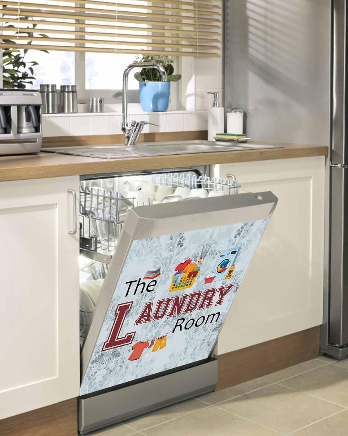 Dishwasher Magnet Cover, Laundry Room Dishwasher Lid Magnetic Kitchen Sticker, Blue Cartoon Washing Machine Clothes Resuable Refrigerator Magnet Covers Panel Decal Fridge Kitchen Appliance 23''x26''