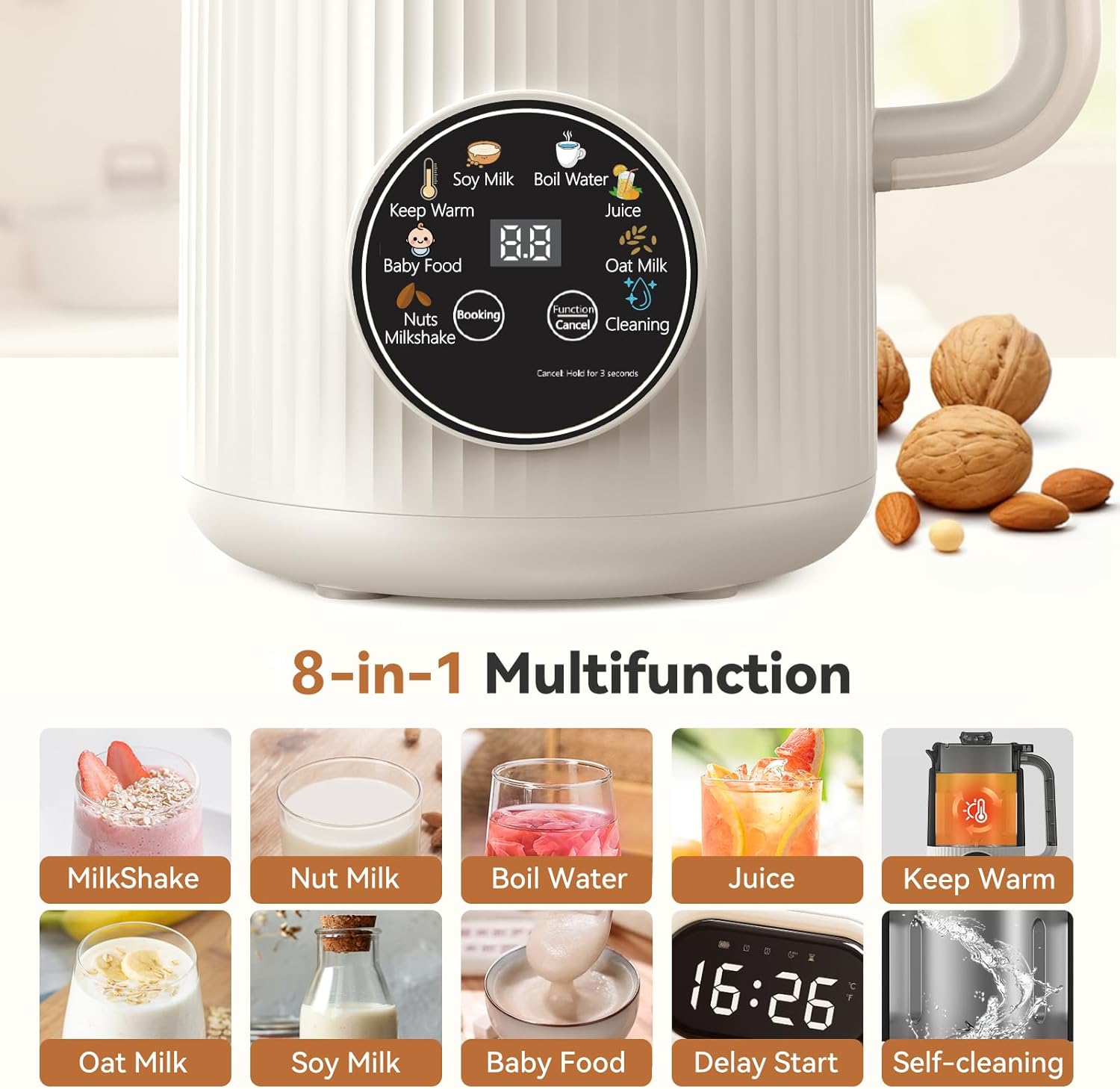 Upgraded 8-in-1 Nut Milk Maker Machine with Stainless Steel Lid, 40oz Soy Milk Maker for Almond, Oat, Coconut, Juice, Plant Based Milk Maker Blender with 18H Delay/Keep Warm/Self Cleaning