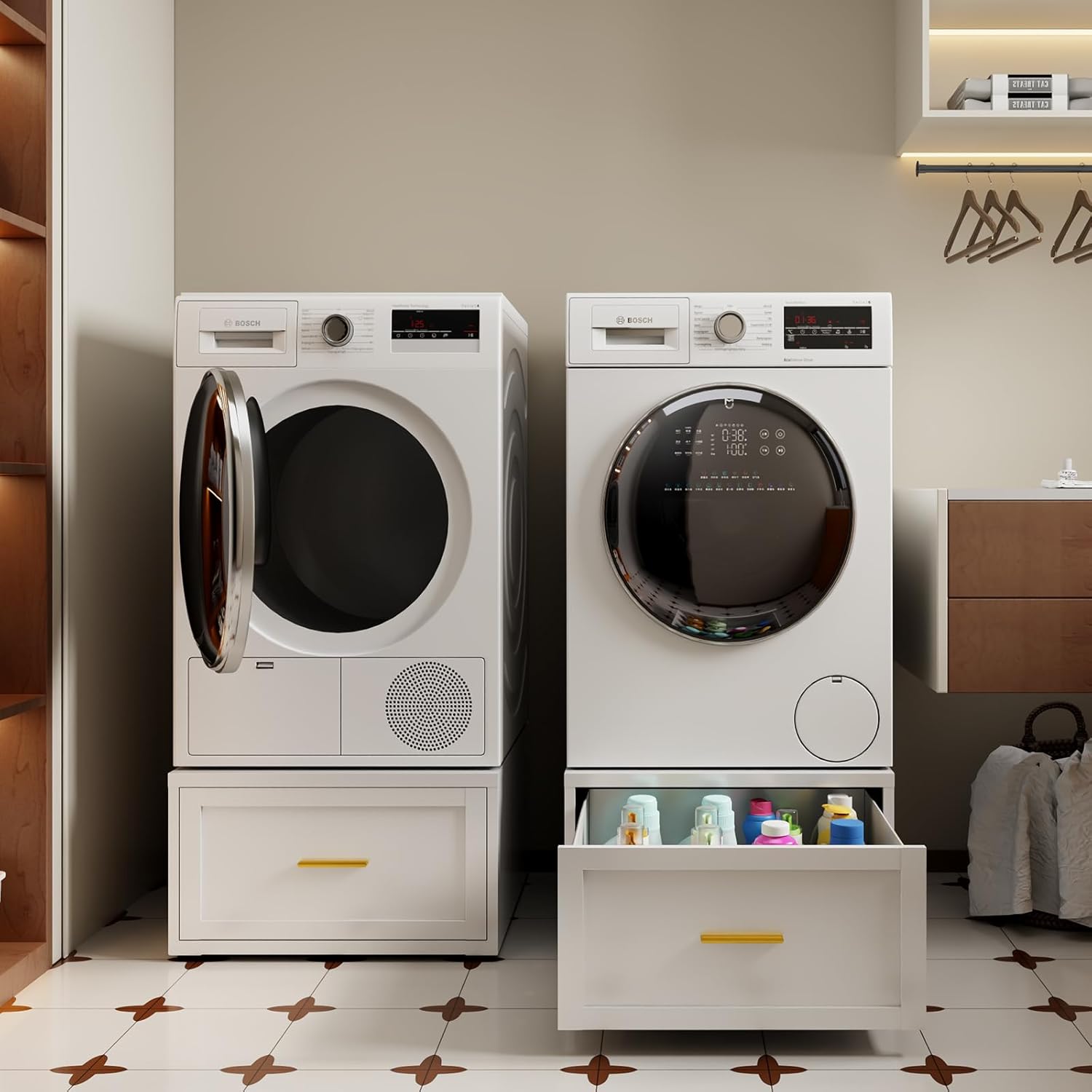 2 Pack Washer and Dryer Pedestals with Drawers, Metal Washing Machine Stand, Multi-Functional Freestanding Pedestal, Universal Fit Anti-Vibration Laundry Pedestal, 440 LBS Capacity (2 Pack White)