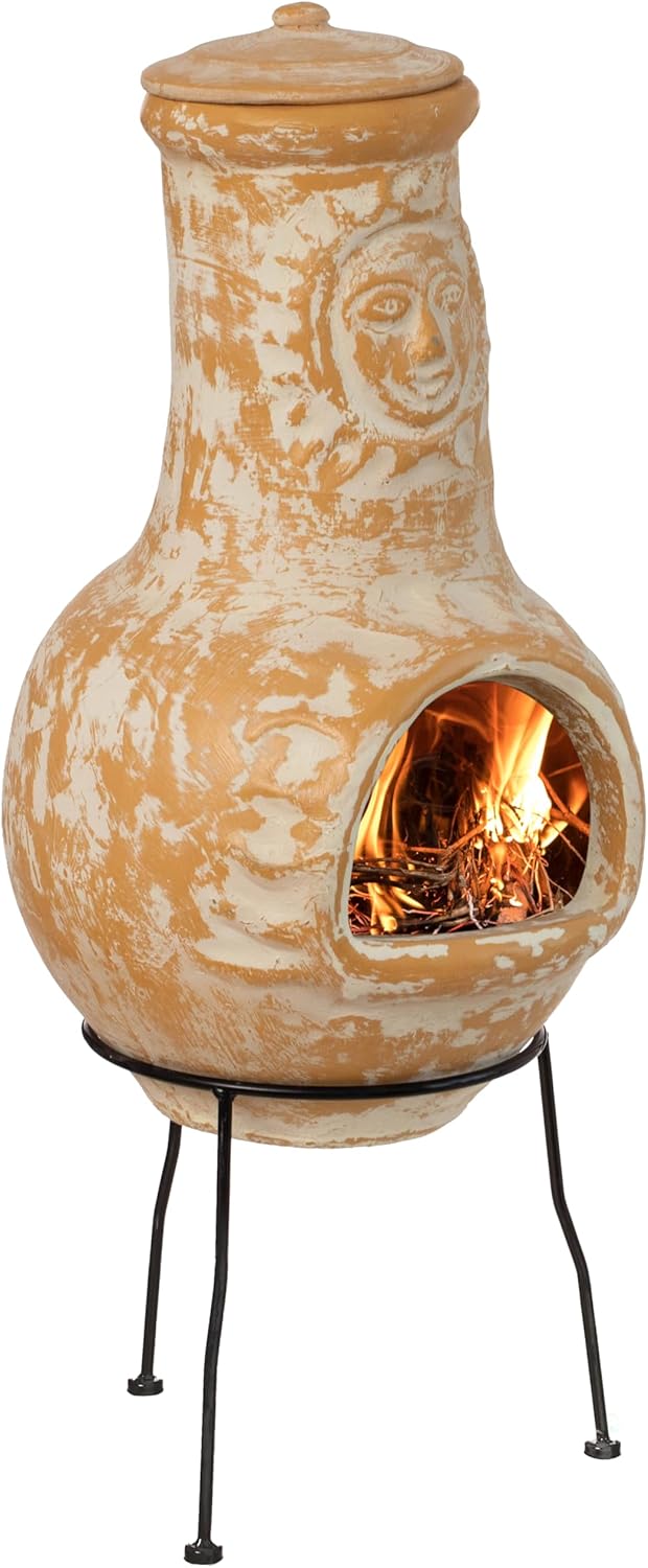 Outdoor Clay Chiminea Fireplace Sun Design Wood Burning Fire Pit with Sturdy Metal Stand, Barbecue, Cocktail Party, Cozy Nights Fire Pit (Beige)