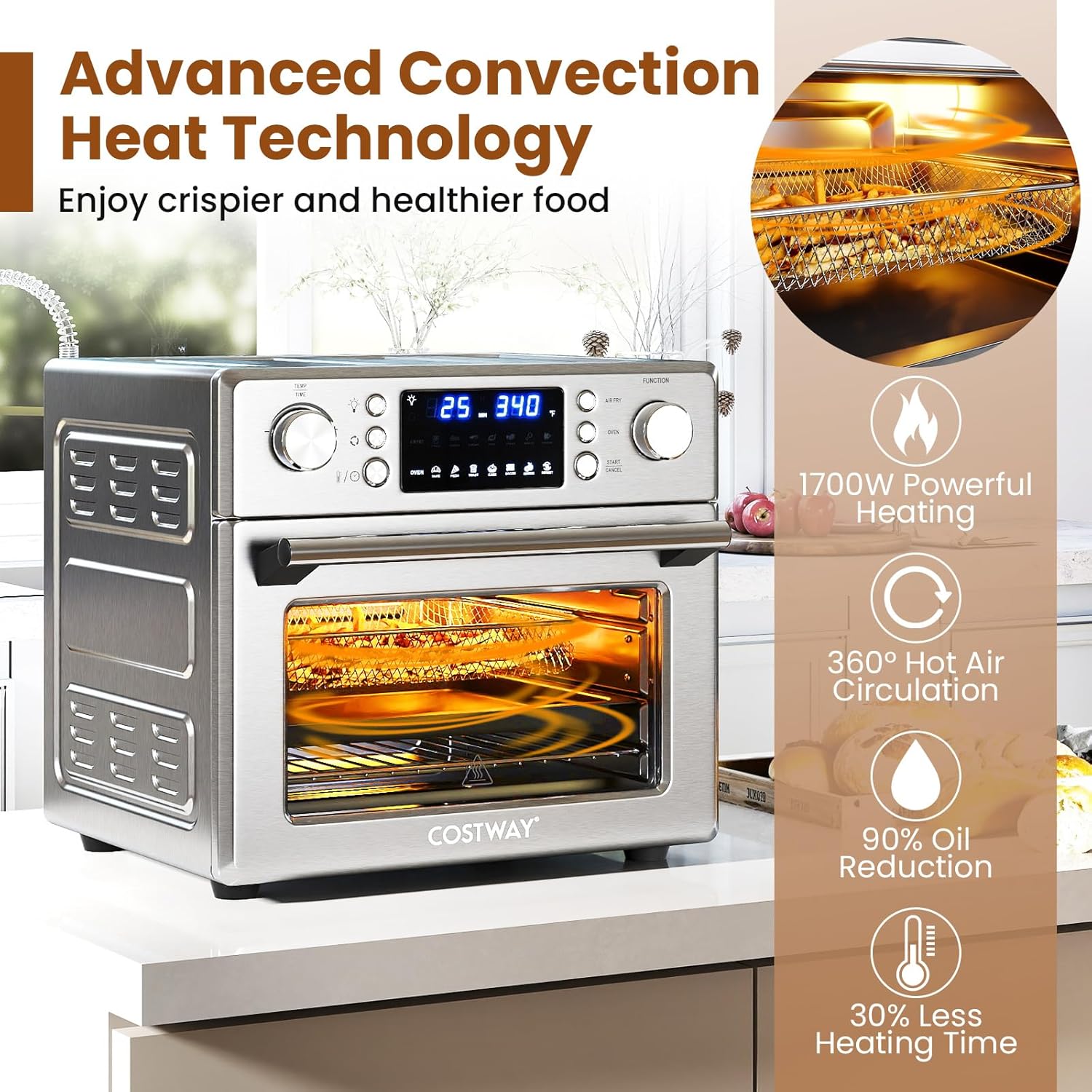 COSTWAY 14-in-1 Air Fryer Toaster Oven Combo, 1700W Dual Cook & 26 QT Large Capacity Stainless Steel Countertop Convection Oven with Bake, Rotisserie, Dehydrate & Defrost, LED Display, 7 Accessories