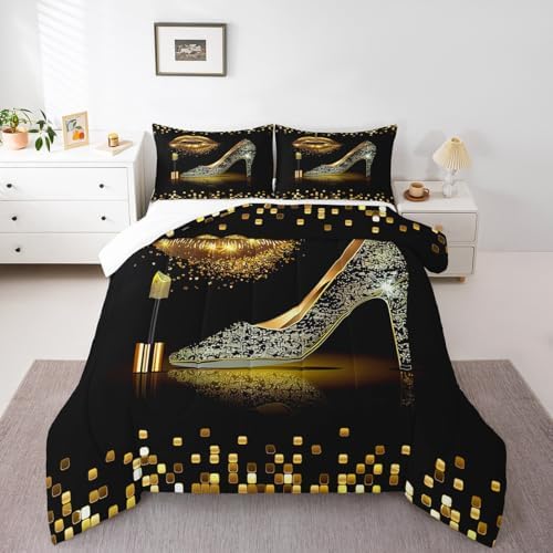 Manfei Gold Glitter Lips Comforter Set King Size, Black Golden High-Heeled Shoes Bedding Set 3pcs for Boys Girls Room Decor, Geometric Grid Quilt Set Fashion Duvet Set with 2 Pillowcases