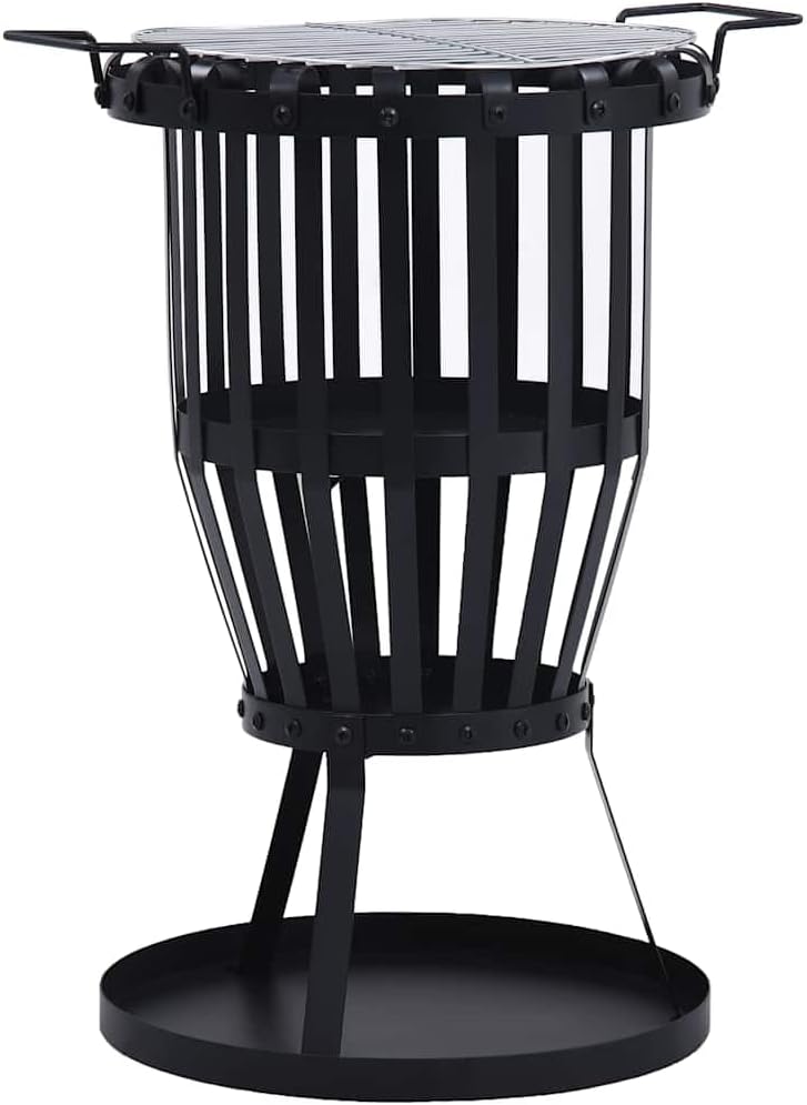 vidaXL Powder-Coated Steel Garden Fire Pit with Cook Grill – Portable BBQ Fire Basket with Stable Base – Ideal for Garden, Backyard, Outdoor and Patio – Black, 19