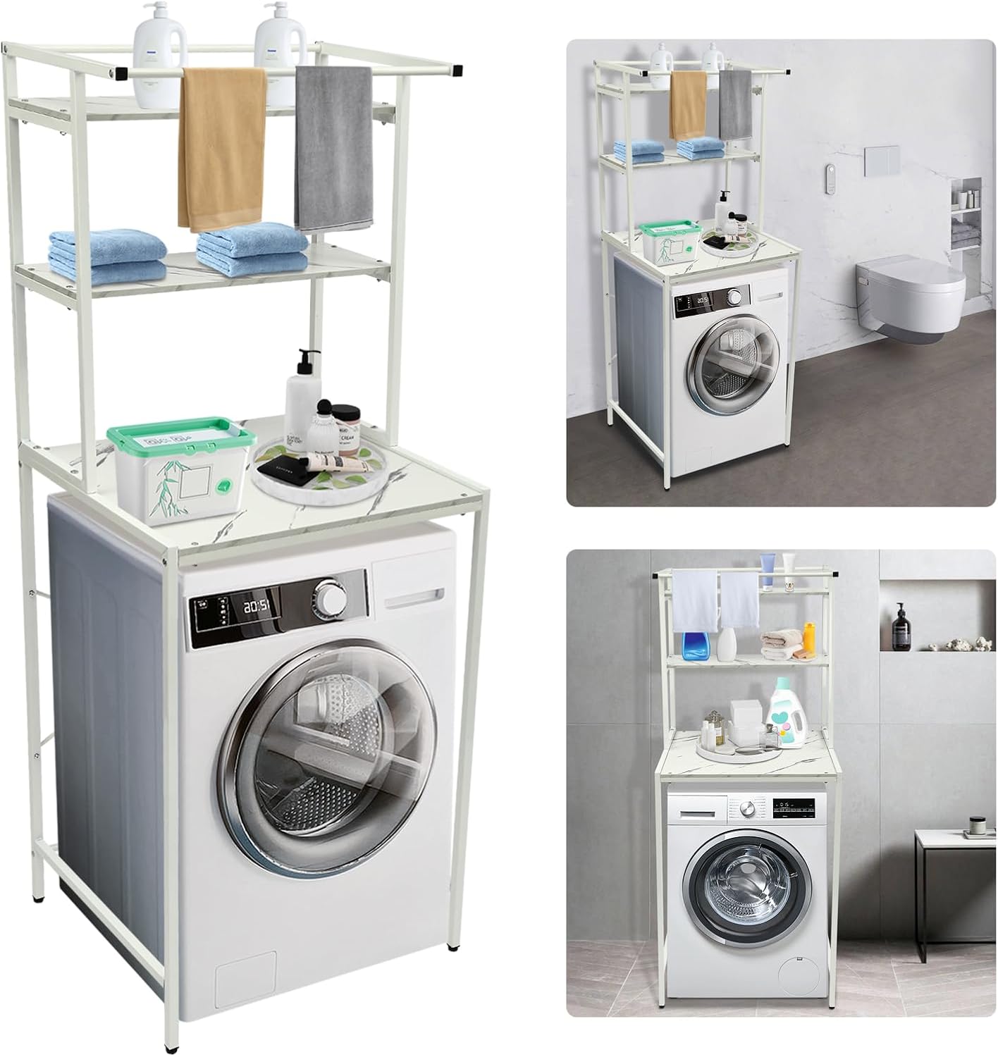 3 Tiers Over The Washer and Dryer Storage Shelf, Wooden Washing Machine Storage Shelf Bathroom Shelves Freestanding Laundry Drying Clothes Racks for Laundry Room