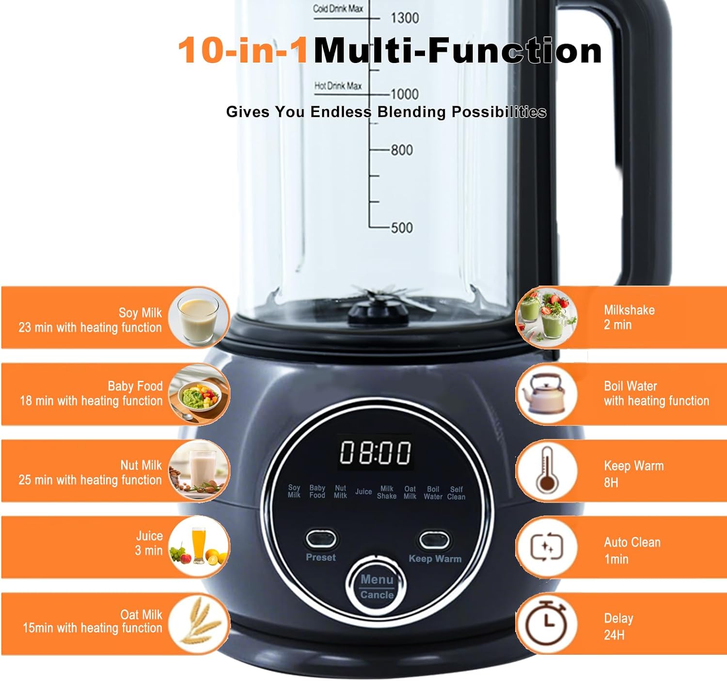 10 in 1 Nut Milk Maker Hot Blender,51oz Homemade Soy, Almond,Oat,Plant Based,Baby Food Maker 20 Blades,Automatic Soybean Machine with 24H Delay Start/Keep Warm8H/Boil Water&Auto Clean