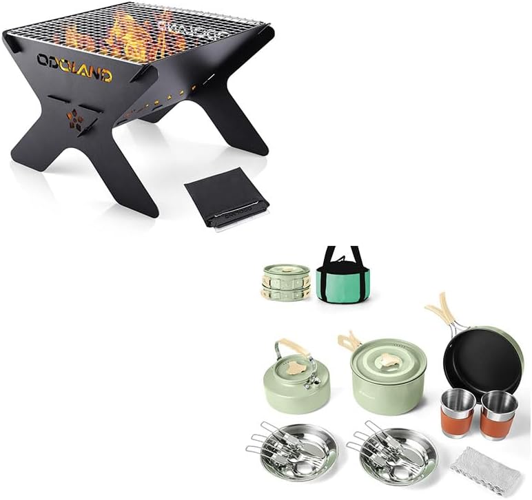 Odoland Bundle - 2 Items Camping Campfire Grill and Camping Cookware Set