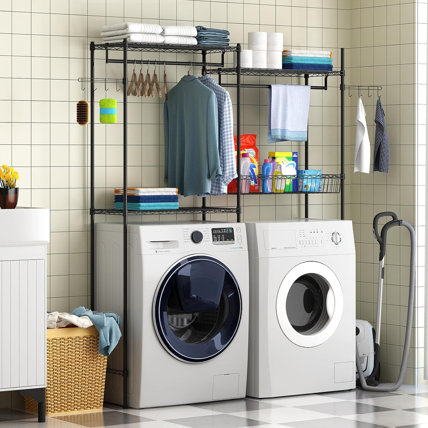 GarveeHome Over Washer and Dryer Shelves, 57.4 in W Laundry Room Clothes Drying Rack, Height Adjustable Towel Racks with Hamper and Hooks, Space Saving Laundry Room Organization and Storage