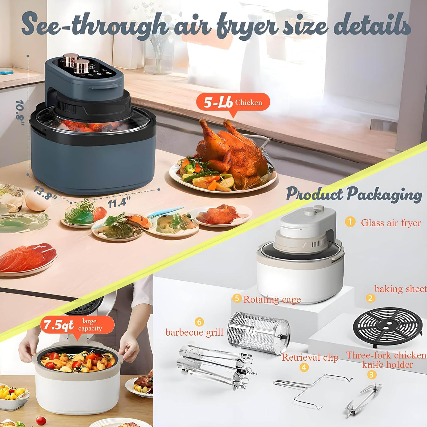 Rotatable 8-in-1 Air Fryer Toaster Oven Combo 7.5QT Large Glass Air Fryer, Rapid HotAir Tech, Family-Size Smart Cooker, Trending Modern Kitchen Essential for Healthy Meals (Dreamy blue)