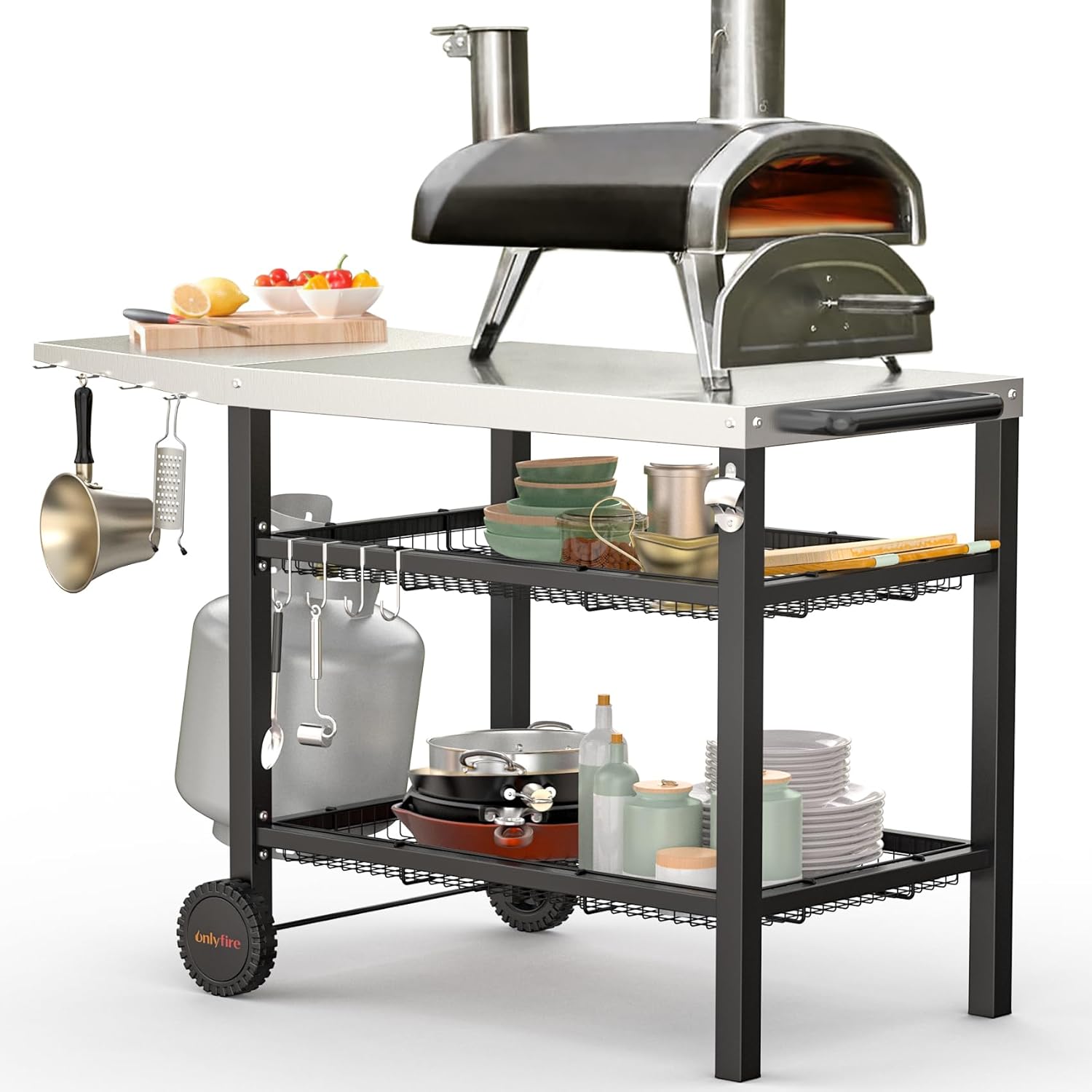 onlyfire Pizza Oven Table Cart for Ooni, Ninja Woodfire, Blackstone Griddle, Cuisinart Pizza Oven, Outdoor Stainless Steel Food Prep Table Movable Food Prep Cart Grill Stand with Storage Basket