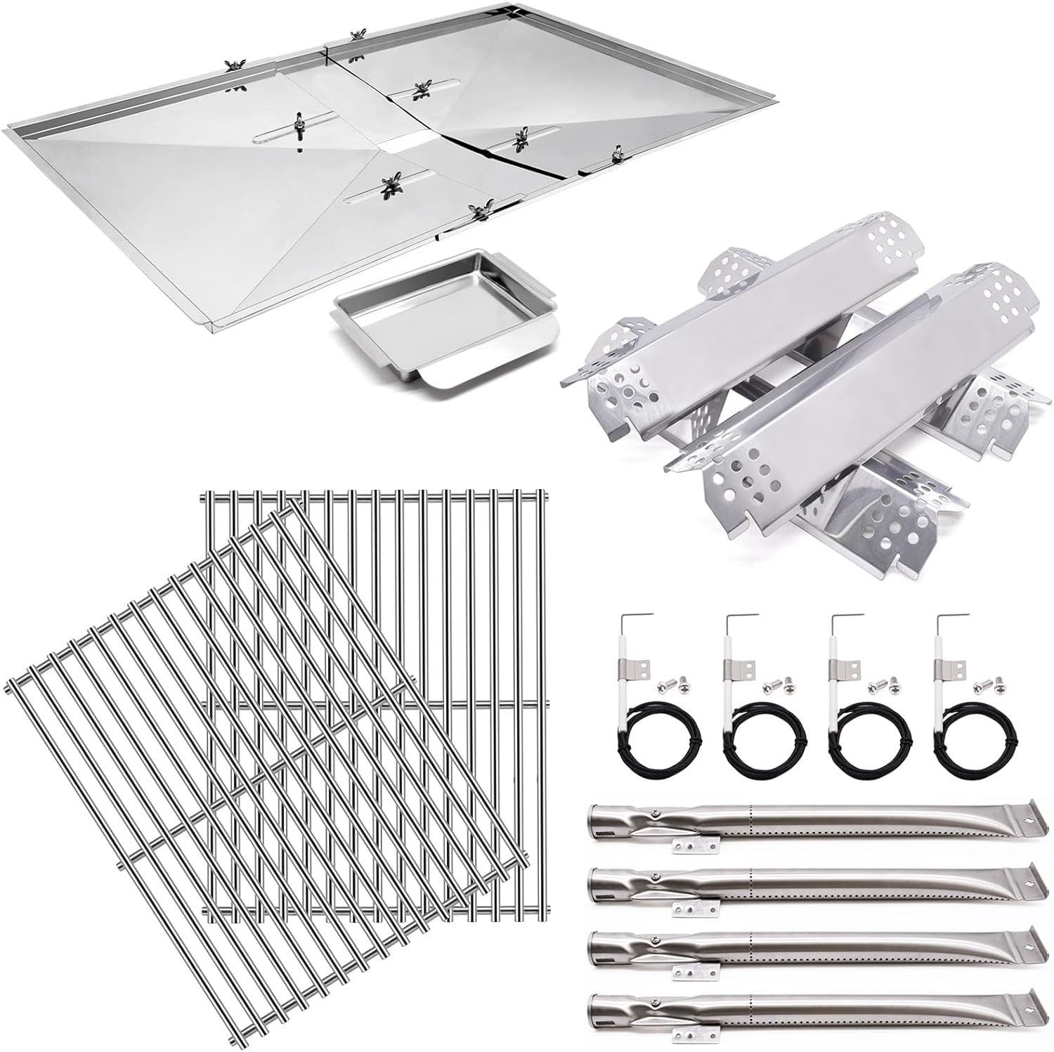 Grill Grates Replacement Parts for Nexgrill 4 Burner 720-0830H, 720-0830D, 24-27Inch Adjustable Grill Drip Pan Tray, Stainless Steel 17 Inch Grill Grates, Heat Shield Plates, Burner Tubes and Igniters