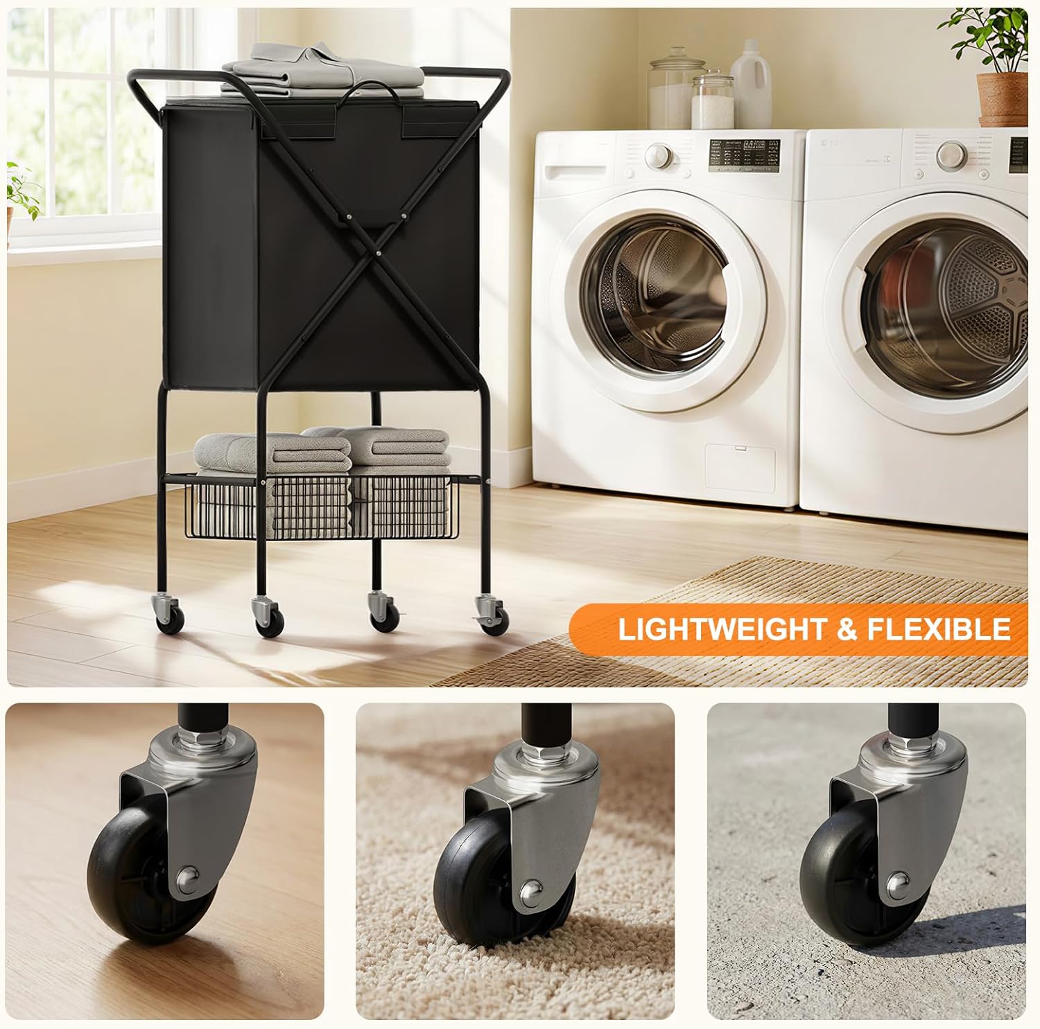 Laundry Basket with Wheels:88L Rolling Laundry Cart Foldable Metal Frame Dirty Clothes Laundry Hamper 36