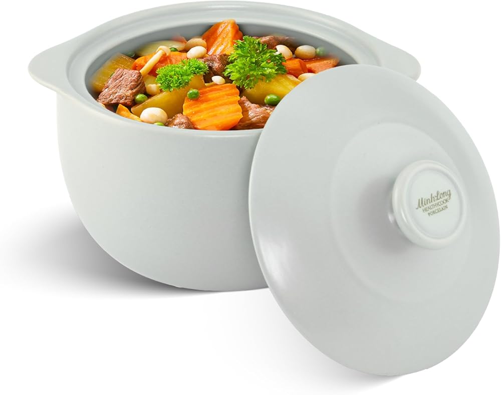 Minh Long 3.17 qt Porcelain Clay Pot for Cooking, Casserole Dish with Lid, Clay Pots for Cooking, Dutch Ovens for Stew, Soup, Steam, Oven & Microwave Safe, Heat Resistant (Vesta, 3.17 qt - Grey)