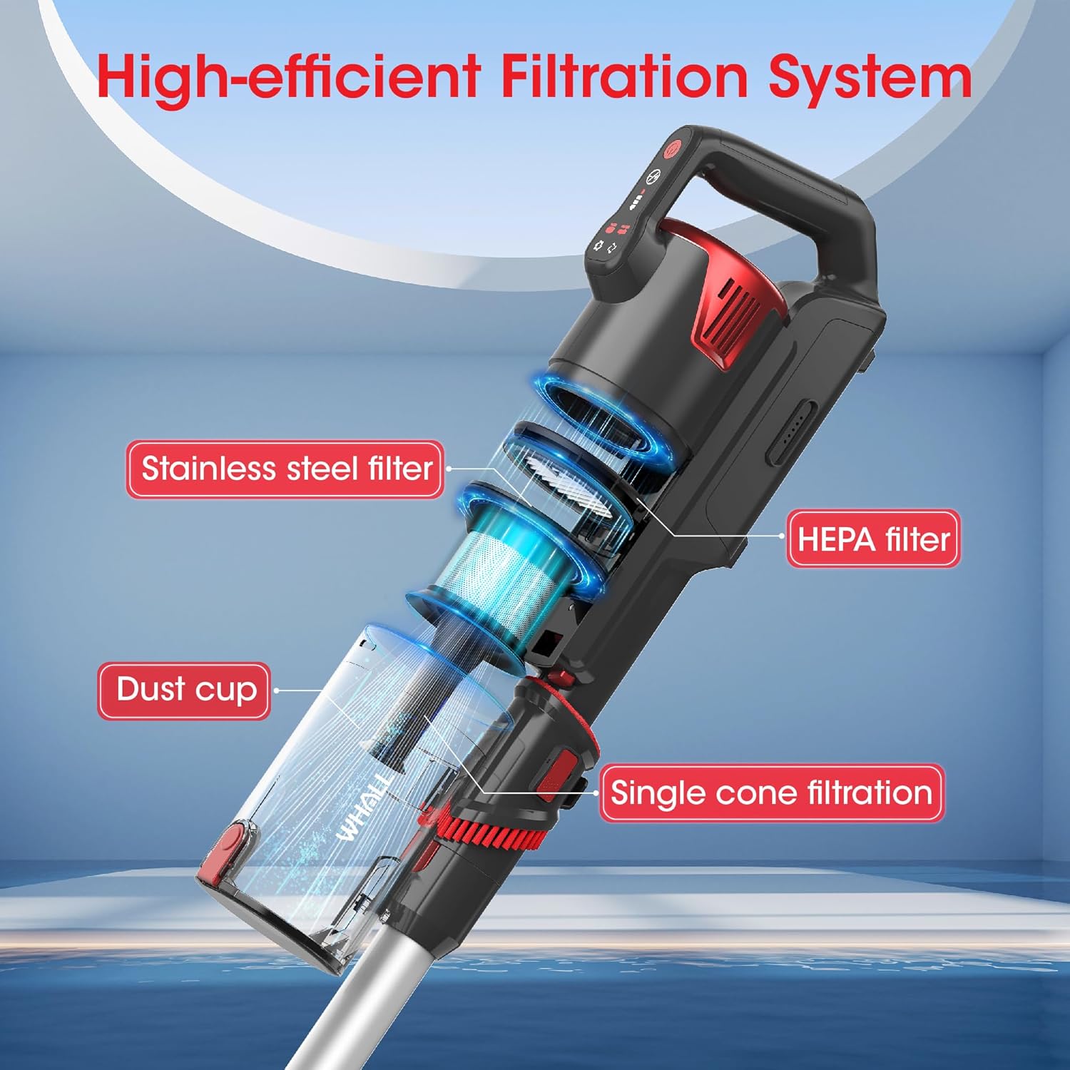 whall Cordless Stick Vacuum Cleaner, Vacuum Cleaner with Practical Multi-Functional Attachments with LED Display
