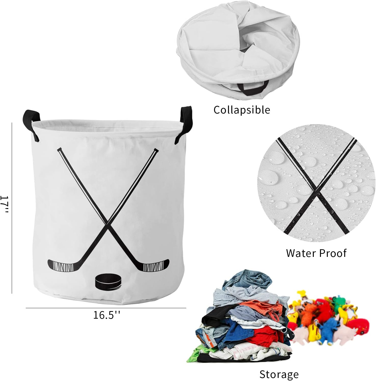 17-inch Laundry Hamper Foldable Laundry Basket, Minimalist Style Hockey Sticks Black Lines Waterproof Clothes Hamper for Bathroom Bedroom Living Room, Toy Baskets for Dollhouse