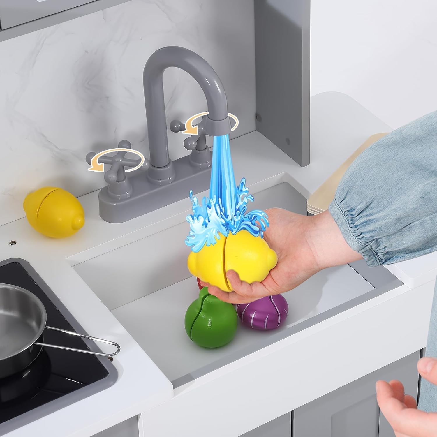 CABIHOME Wooden Play Kitchen Set with Cookware Accessories, Real Lights & Sounds, Include Microwave, Oven, Sink, Pretend Play Kitchen for 3+ Chef Pretend Play, Gray